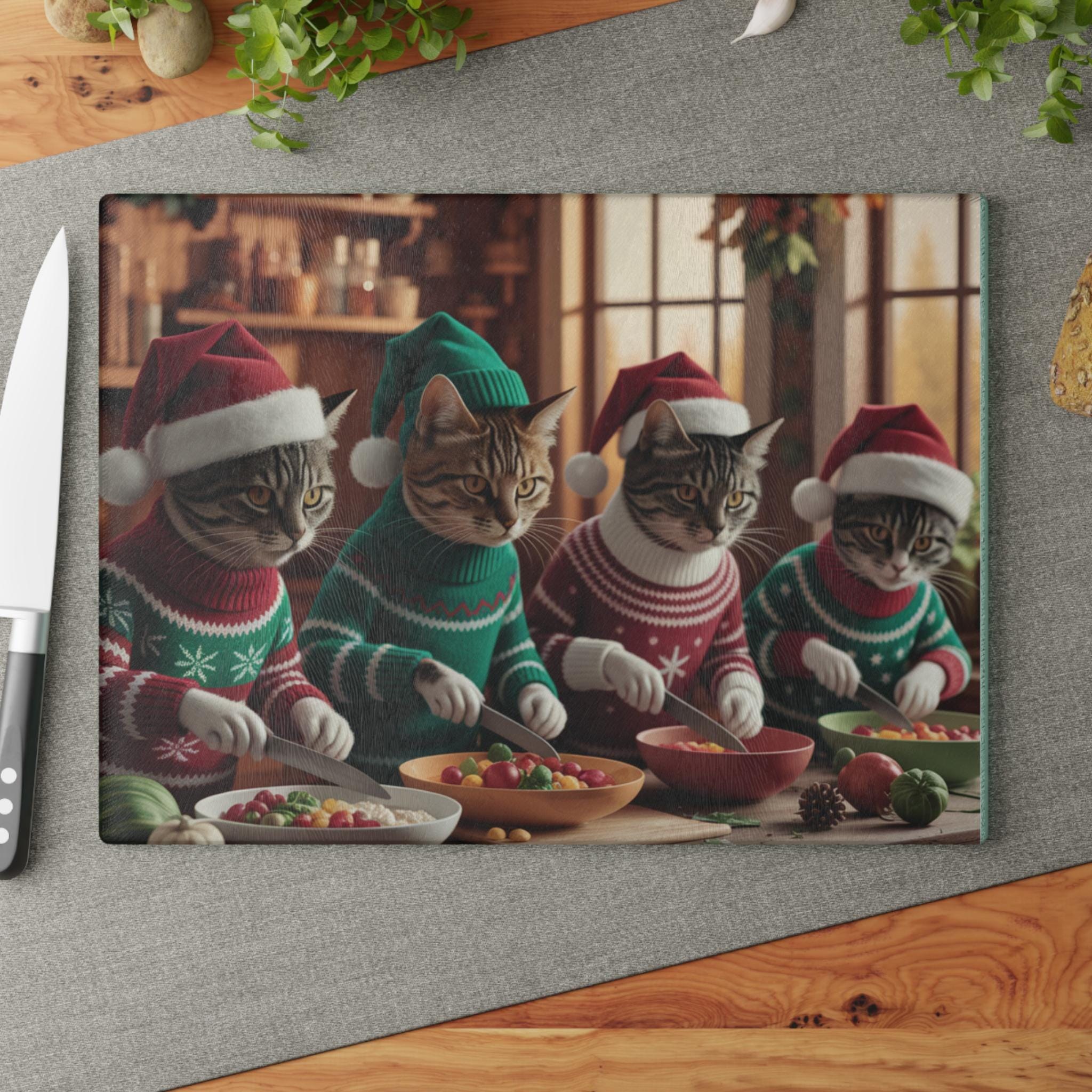 Cooking Christmas Cats Cutting Board: Tempered Glass Holiday Kitchen Decor, image 4