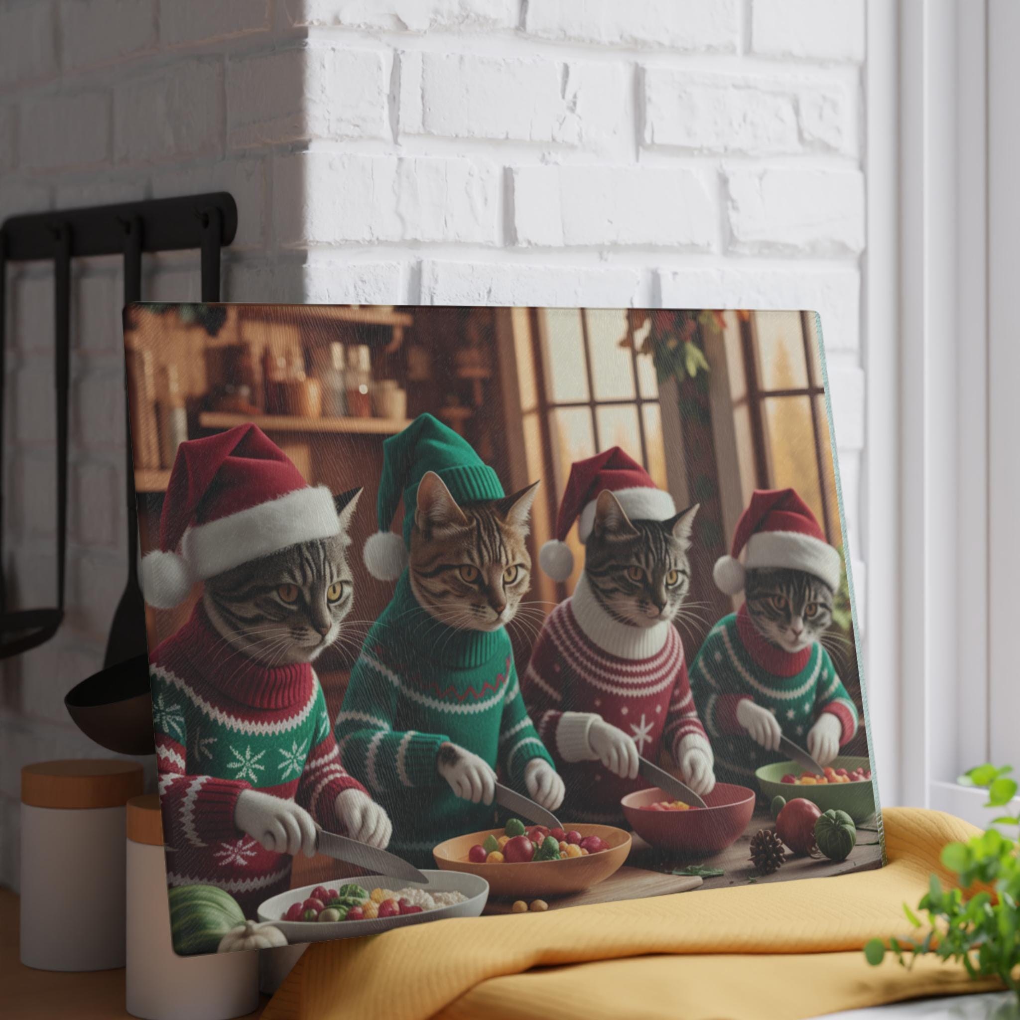 Cooking Christmas Cats Cutting Board: Tempered Glass Holiday Kitchen Decor, image 5