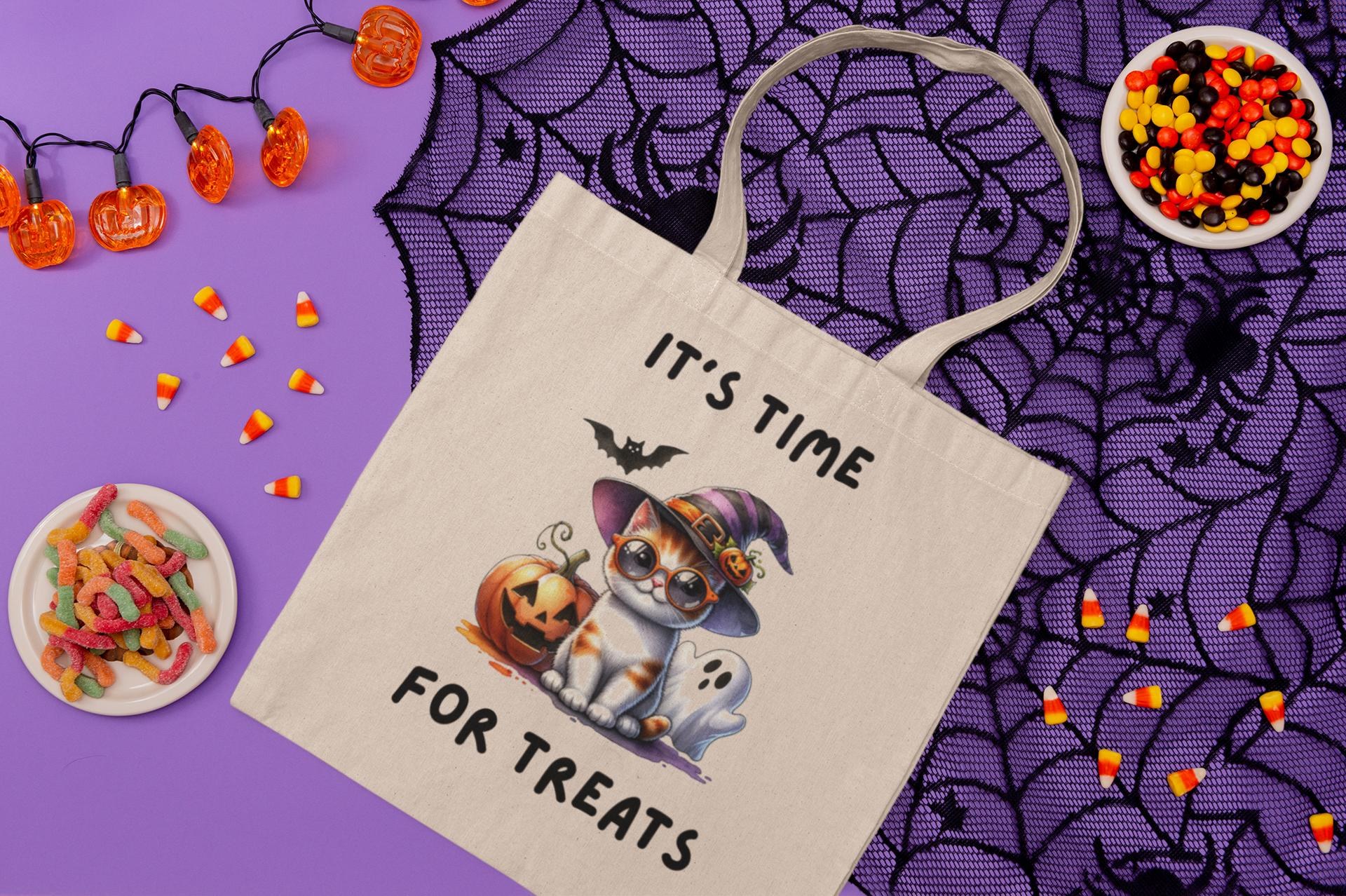 Halloween Cat Tote Bag: Spooky Season Cotton Canvas Trick or Treat Bag, image 3