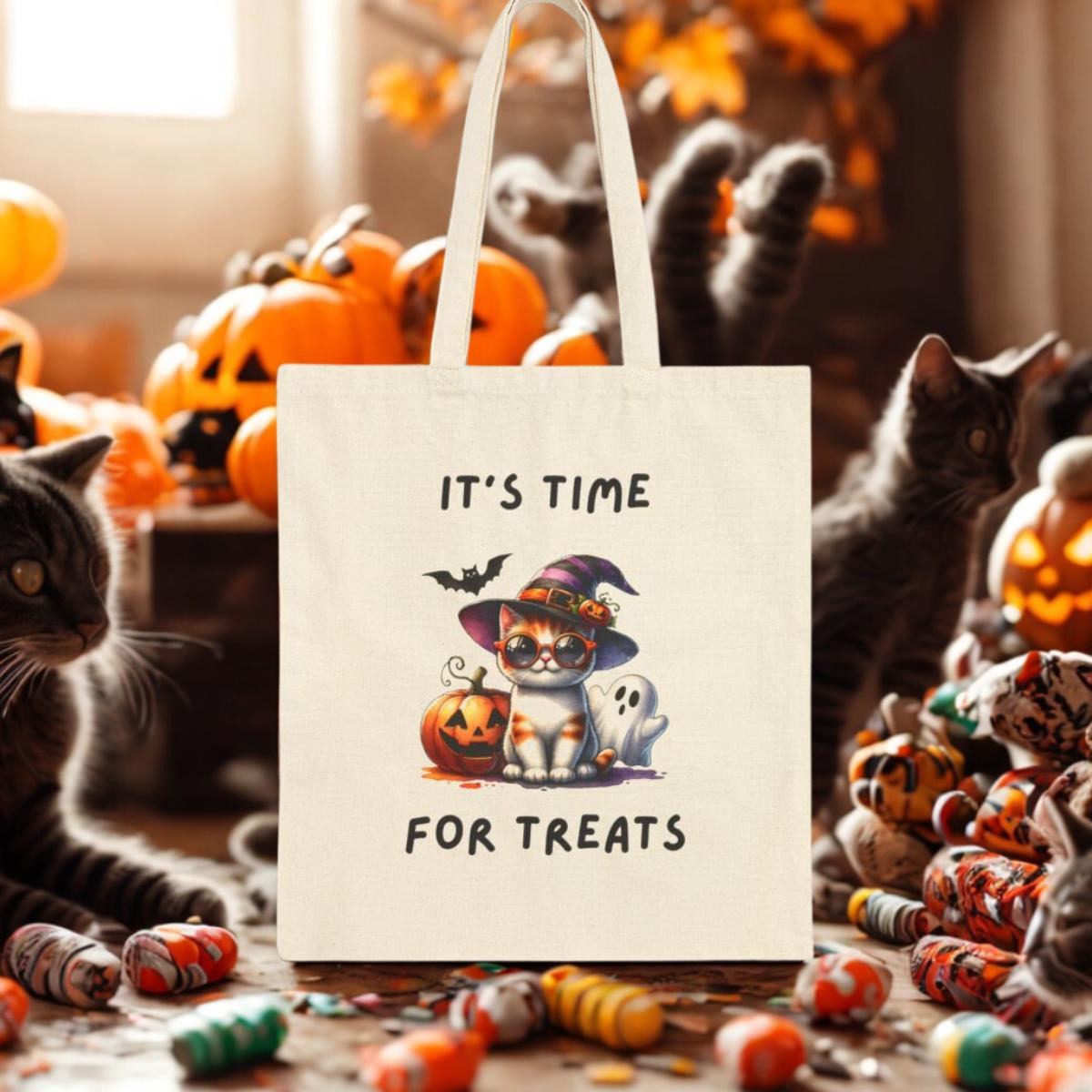 Halloween Cat Tote Bag: Spooky Season Cotton Canvas Trick or Treat Bag, image 6