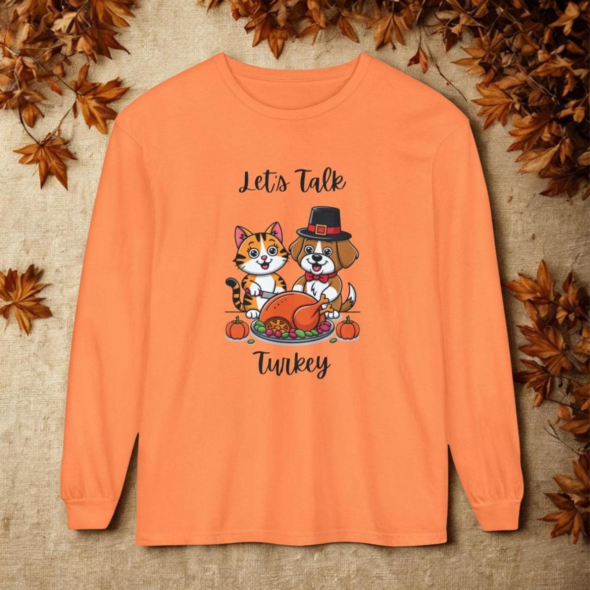 Thanksgiving Shirt, Long Sleeve Tee with Cat and Dog Turkey Graphic