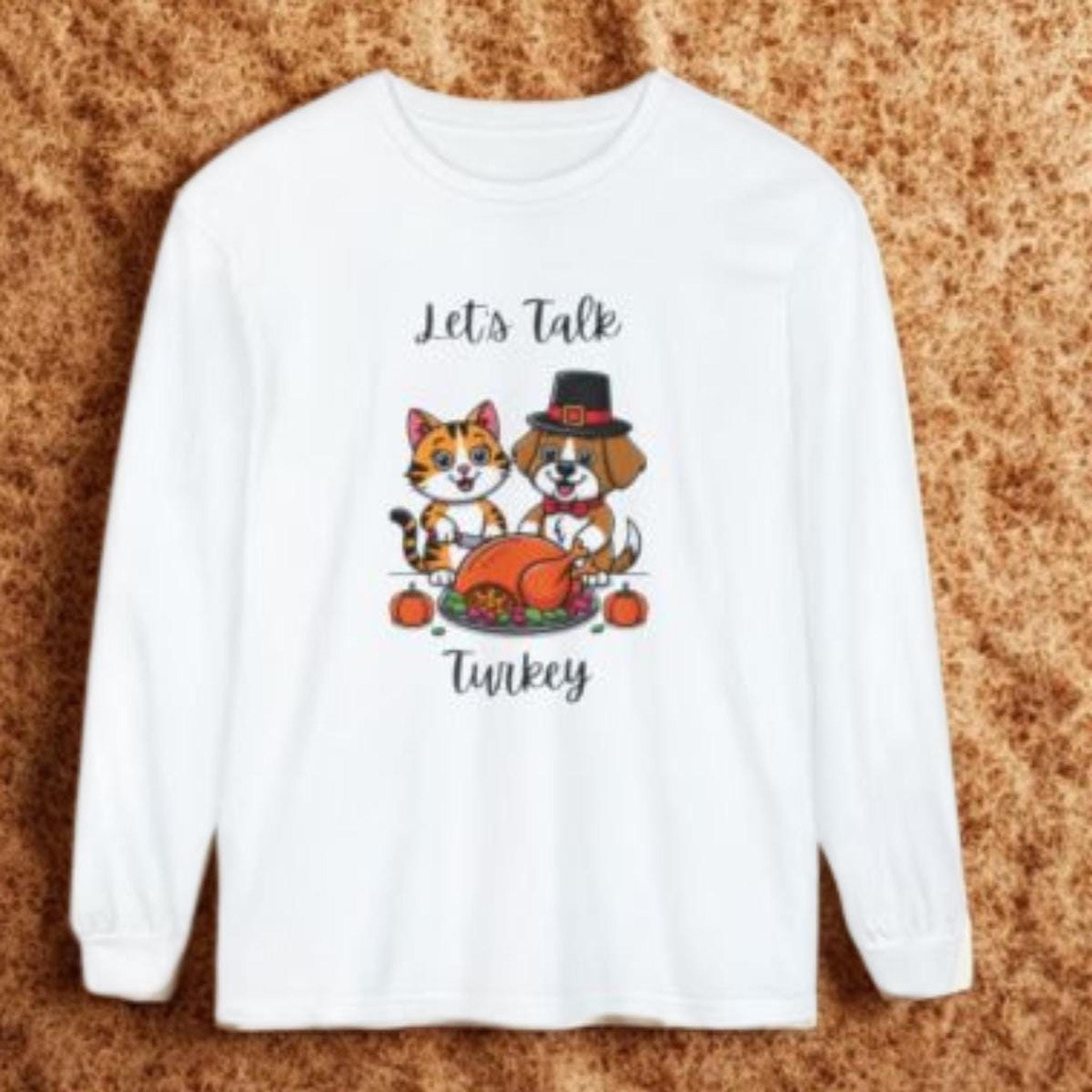 Thanksgiving Shirt, Long Sleeve Tee with Cat and Dog Turkey Graphic, image 2