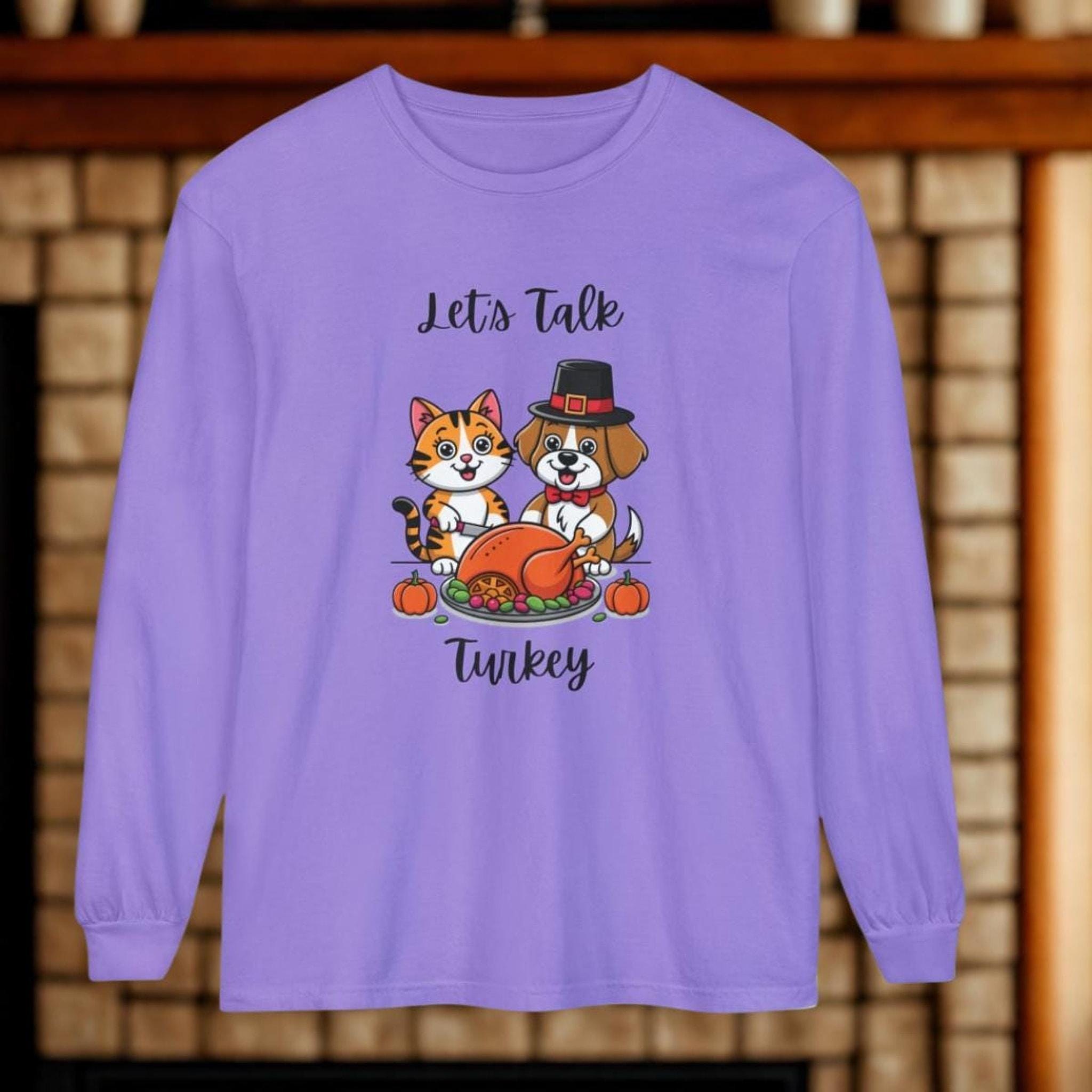 Thanksgiving Shirt, Long Sleeve Tee with Cat and Dog Turkey Graphic, image 3