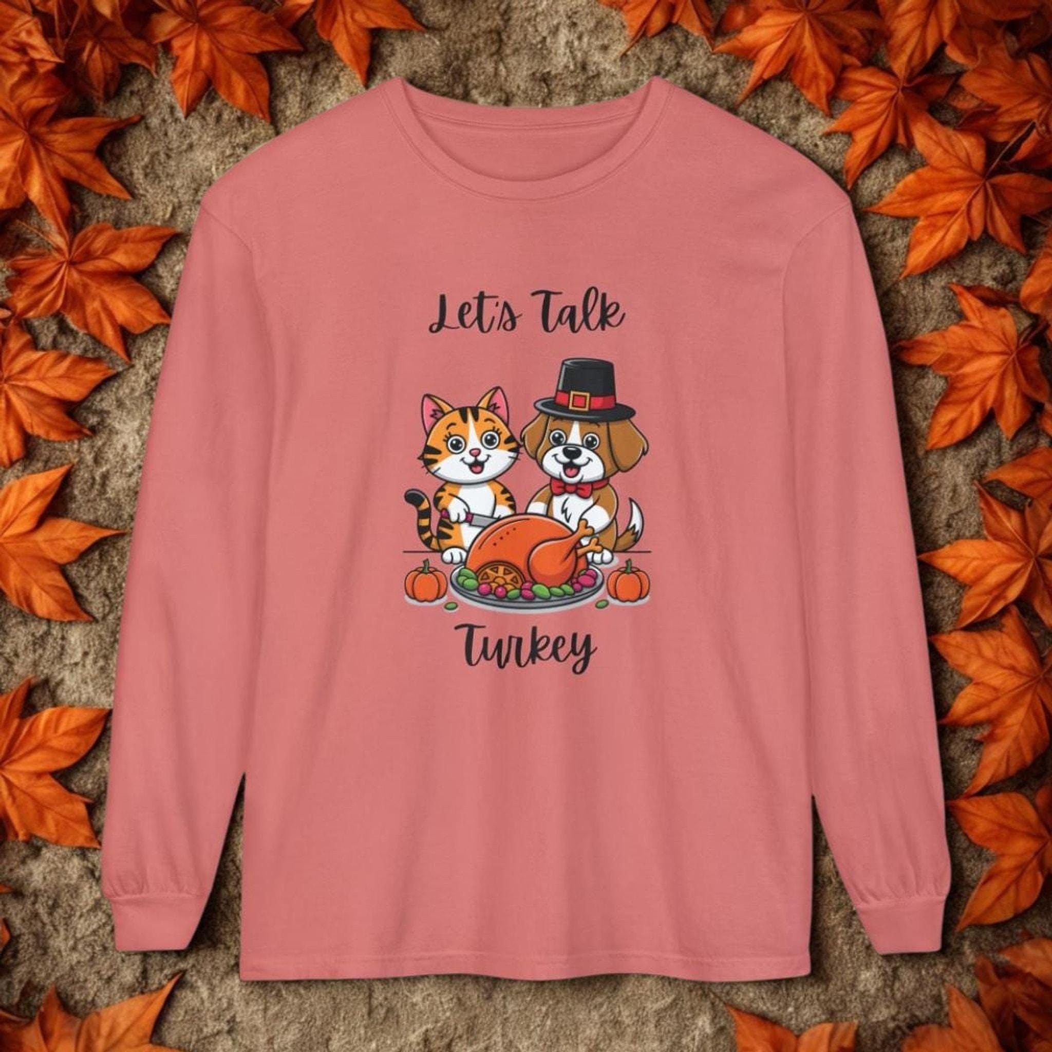 Thanksgiving Shirt, Long Sleeve Tee with Cat and Dog Turkey Graphic, image 4