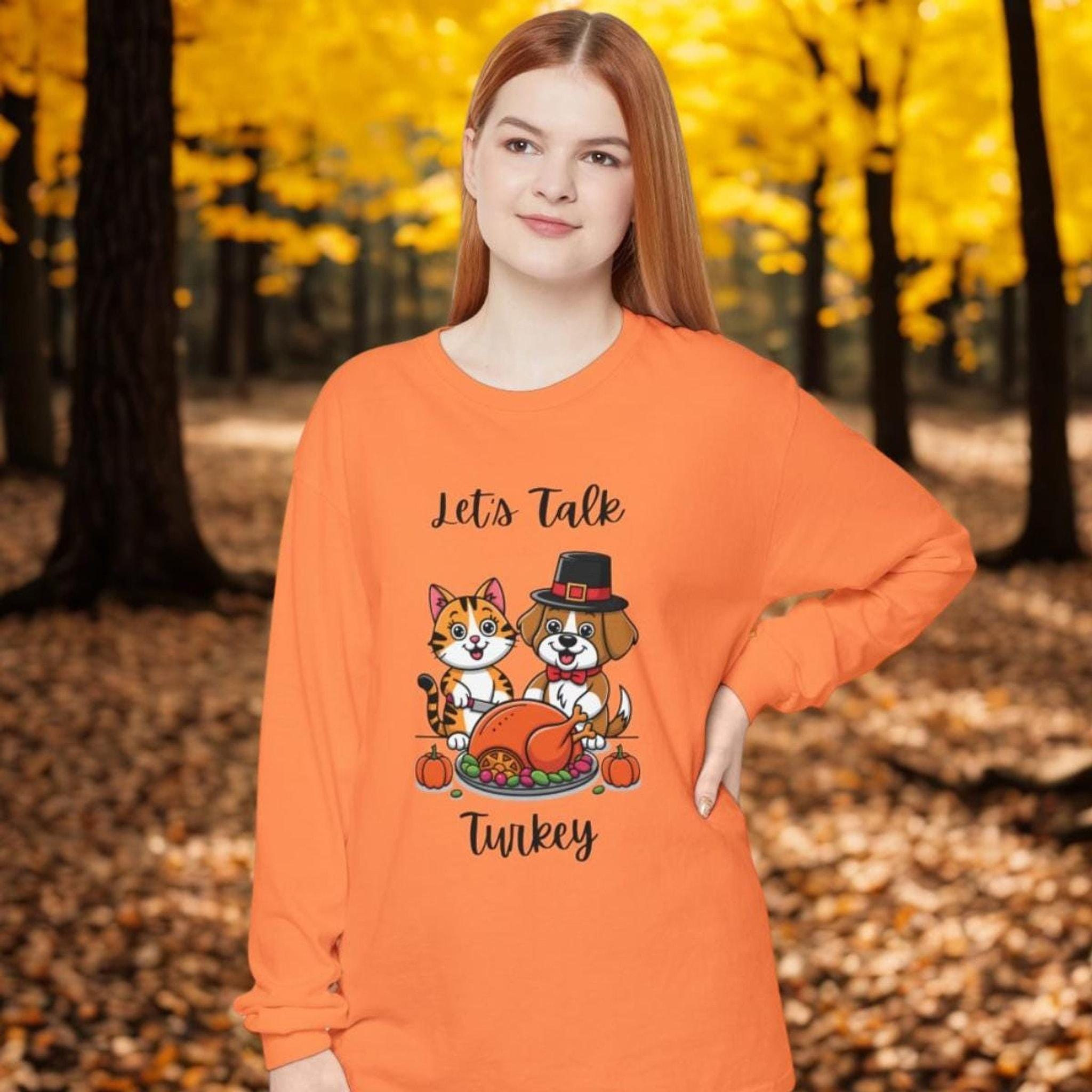Thanksgiving Shirt, Long Sleeve Tee with Cat and Dog Turkey Graphic, image 5