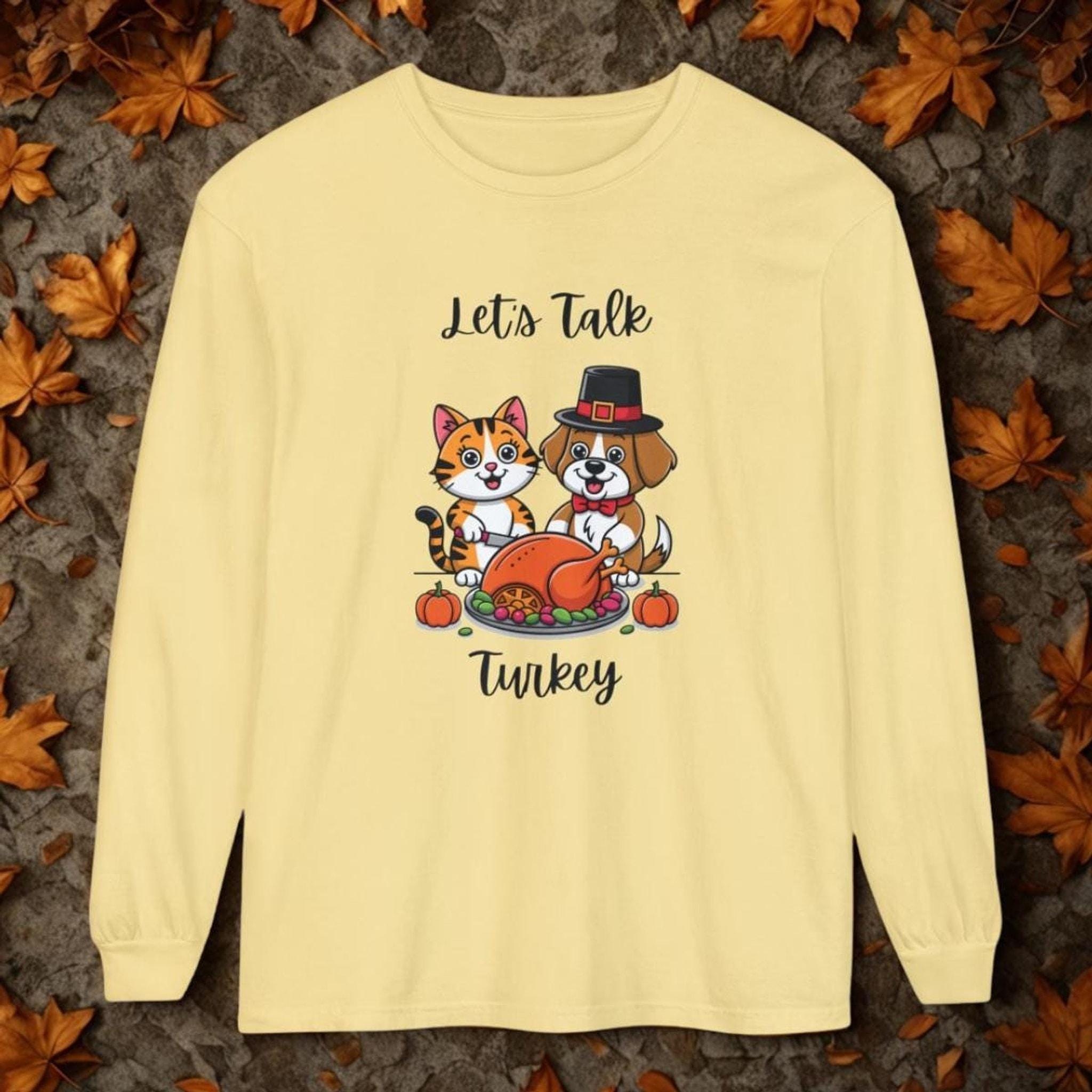 Thanksgiving Shirt, Long Sleeve Tee with Cat and Dog Turkey Graphic, image 6