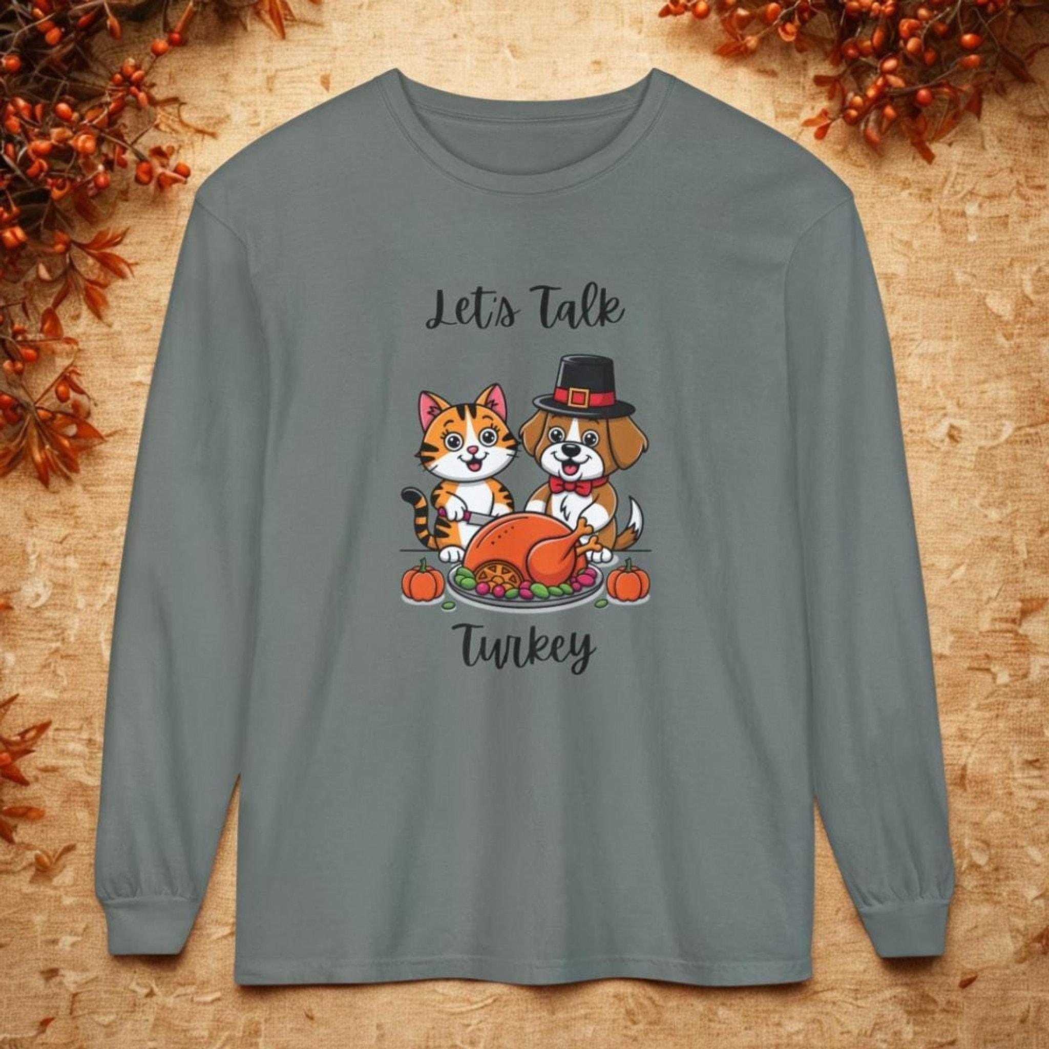 Thanksgiving Shirt, Long Sleeve Tee with Cat and Dog Turkey Graphic, image 7