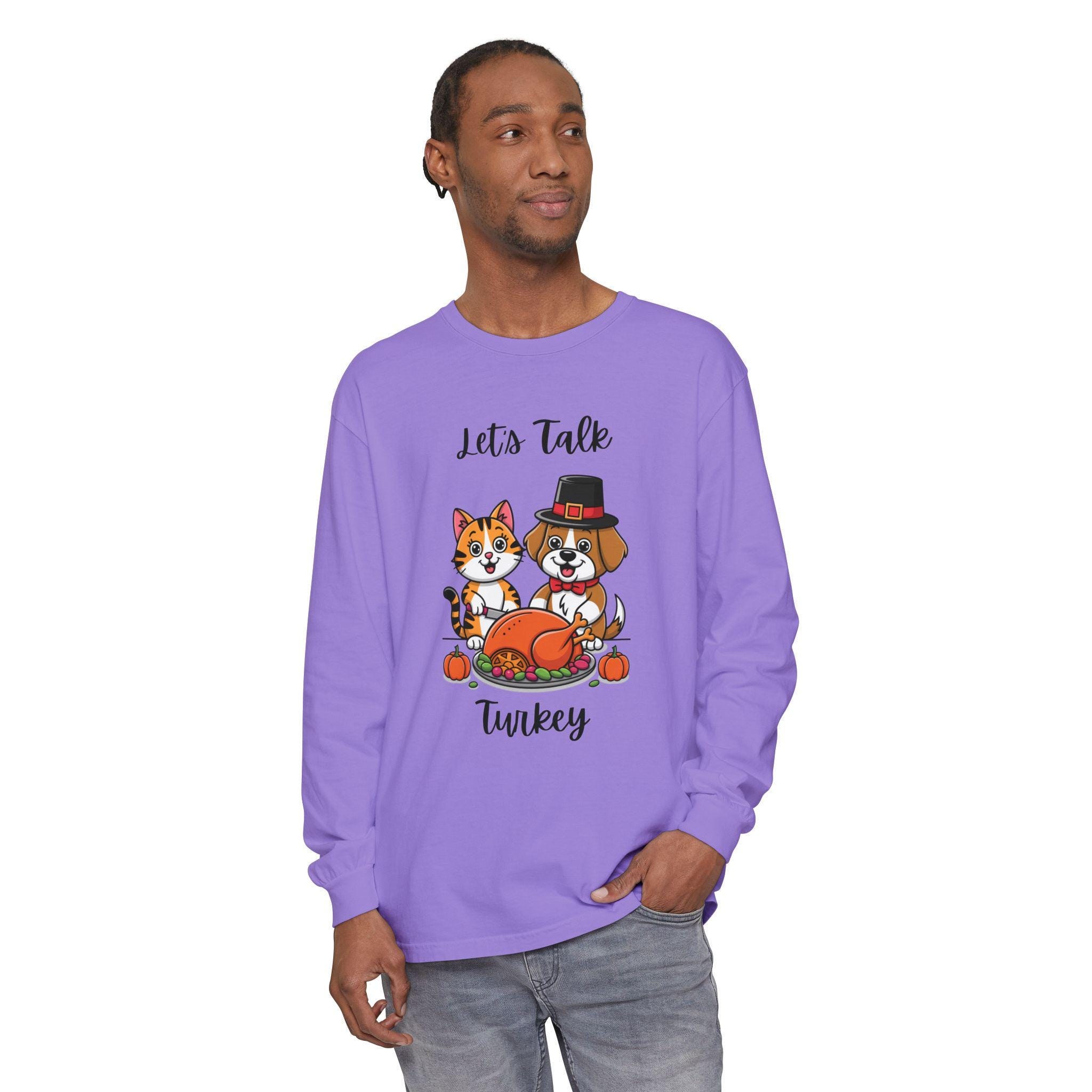 Thanksgiving Shirt, Long Sleeve Tee with Cat and Dog Turkey Graphic, image 8