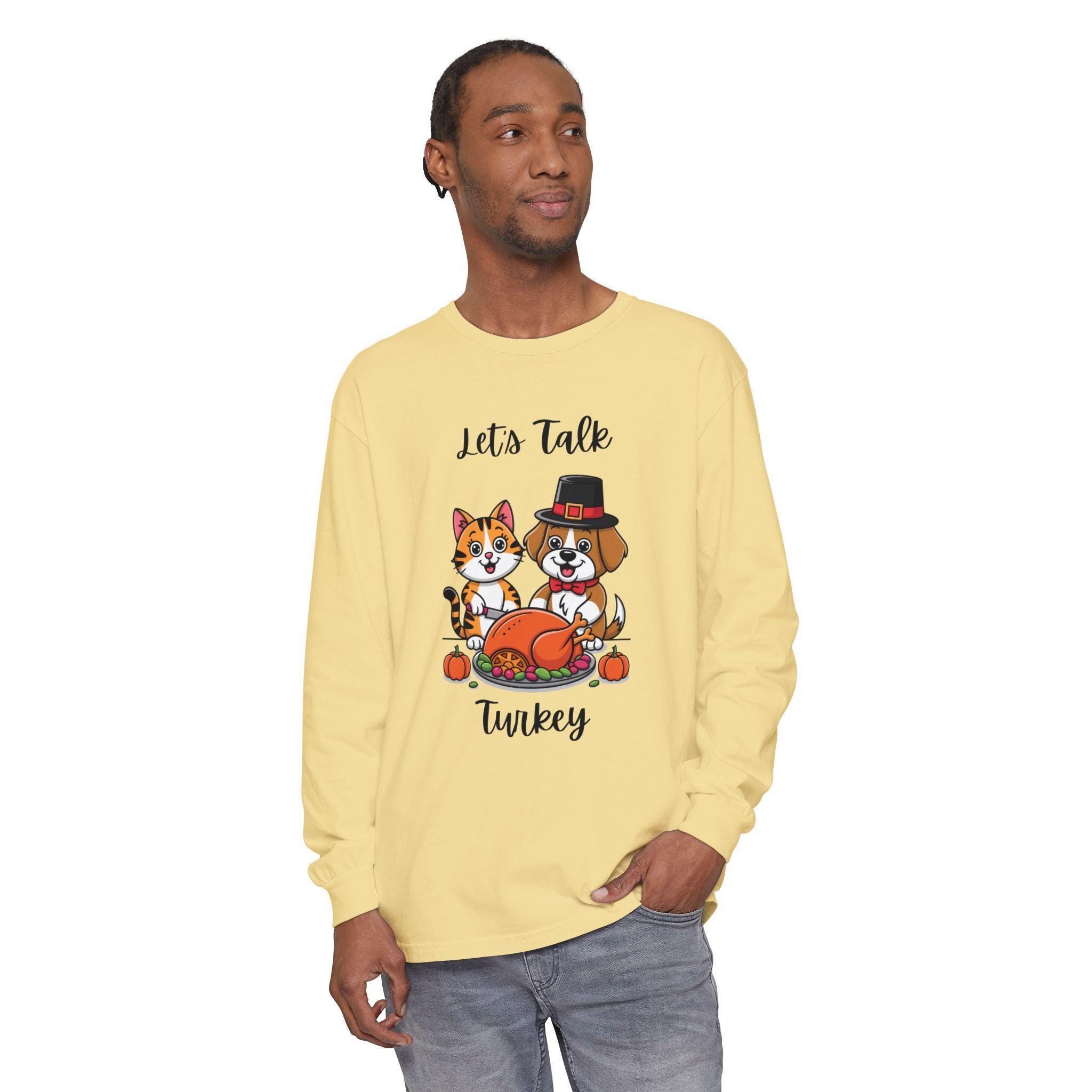 Thanksgiving Shirt, Long Sleeve Tee with Cat and Dog Turkey Graphic, image 9