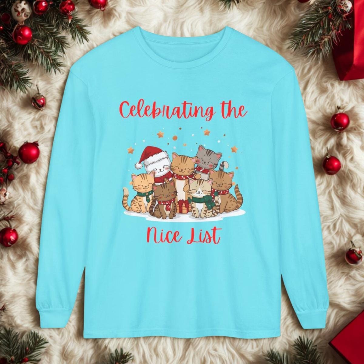 Celebrating the Nice List, Cat Lovers Long Sleeve T-Shirt, Unisex Cotton