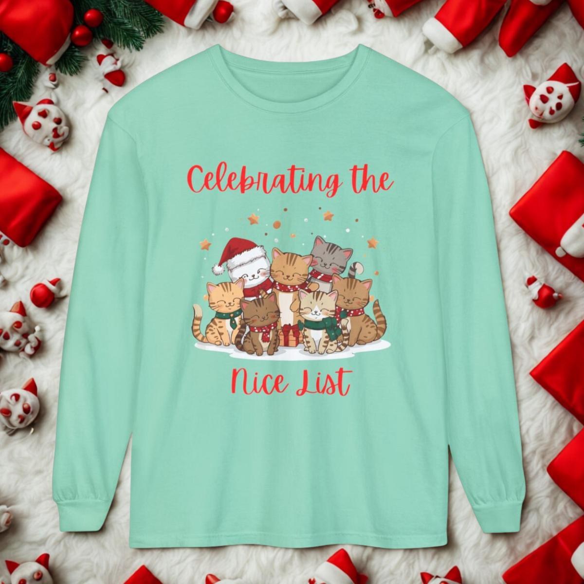 Celebrating the Nice List, Cat Lovers Long Sleeve T-Shirt, Unisex Cotton, image 3