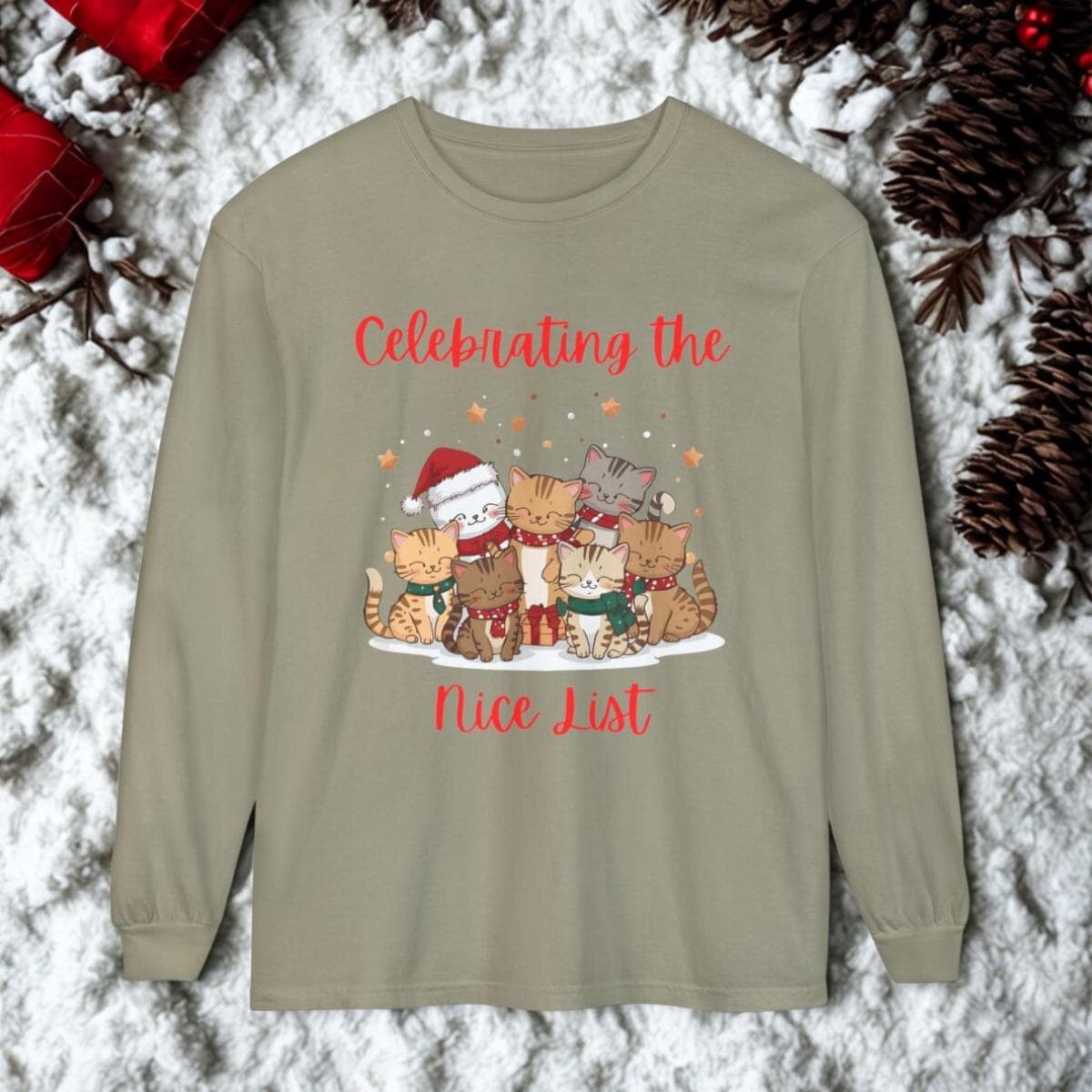 Celebrating the Nice List, Cat Lovers Long Sleeve T-Shirt, Unisex Cotton, image 4