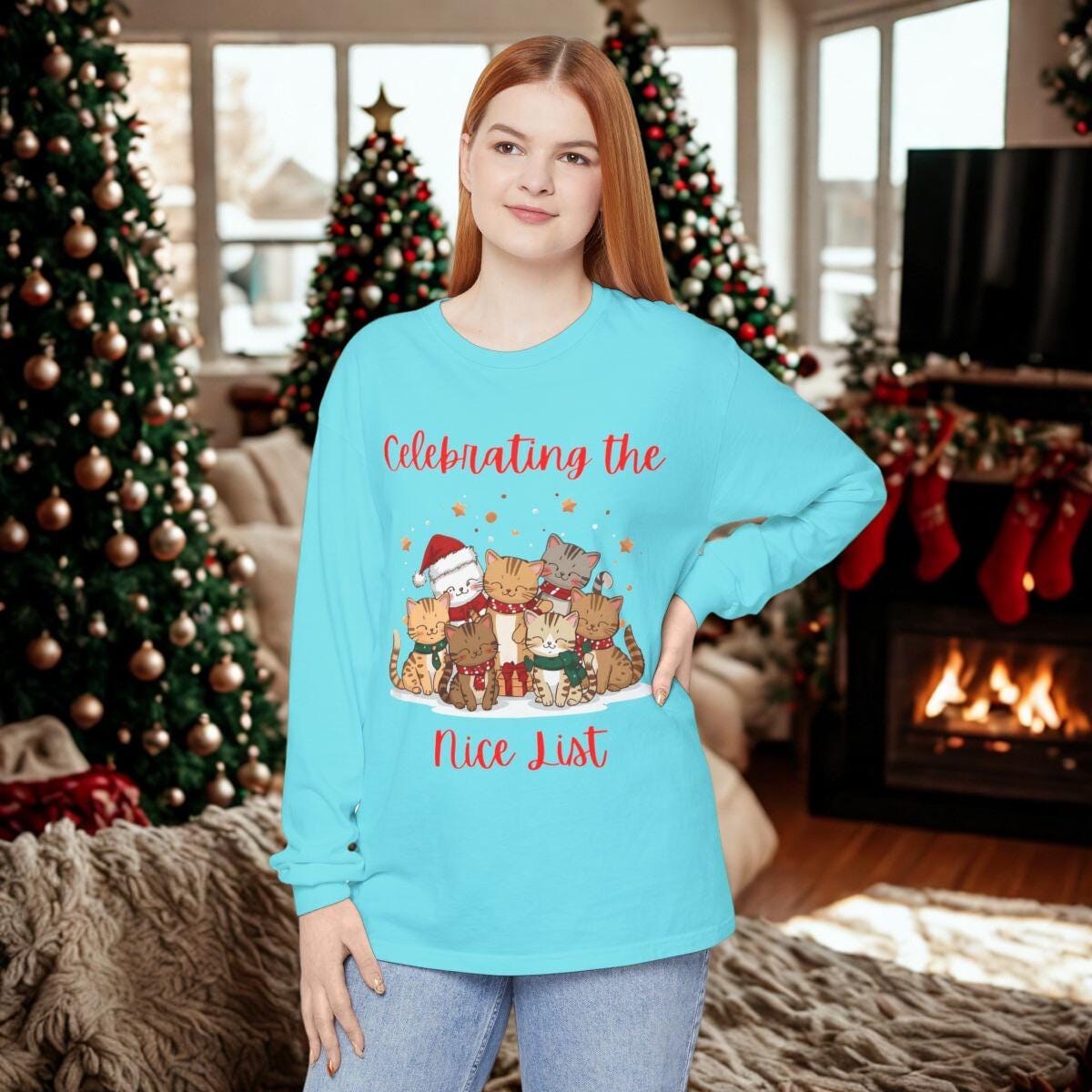 Celebrating the Nice List, Cat Lovers Long Sleeve T-Shirt, Unisex Cotton, image 8