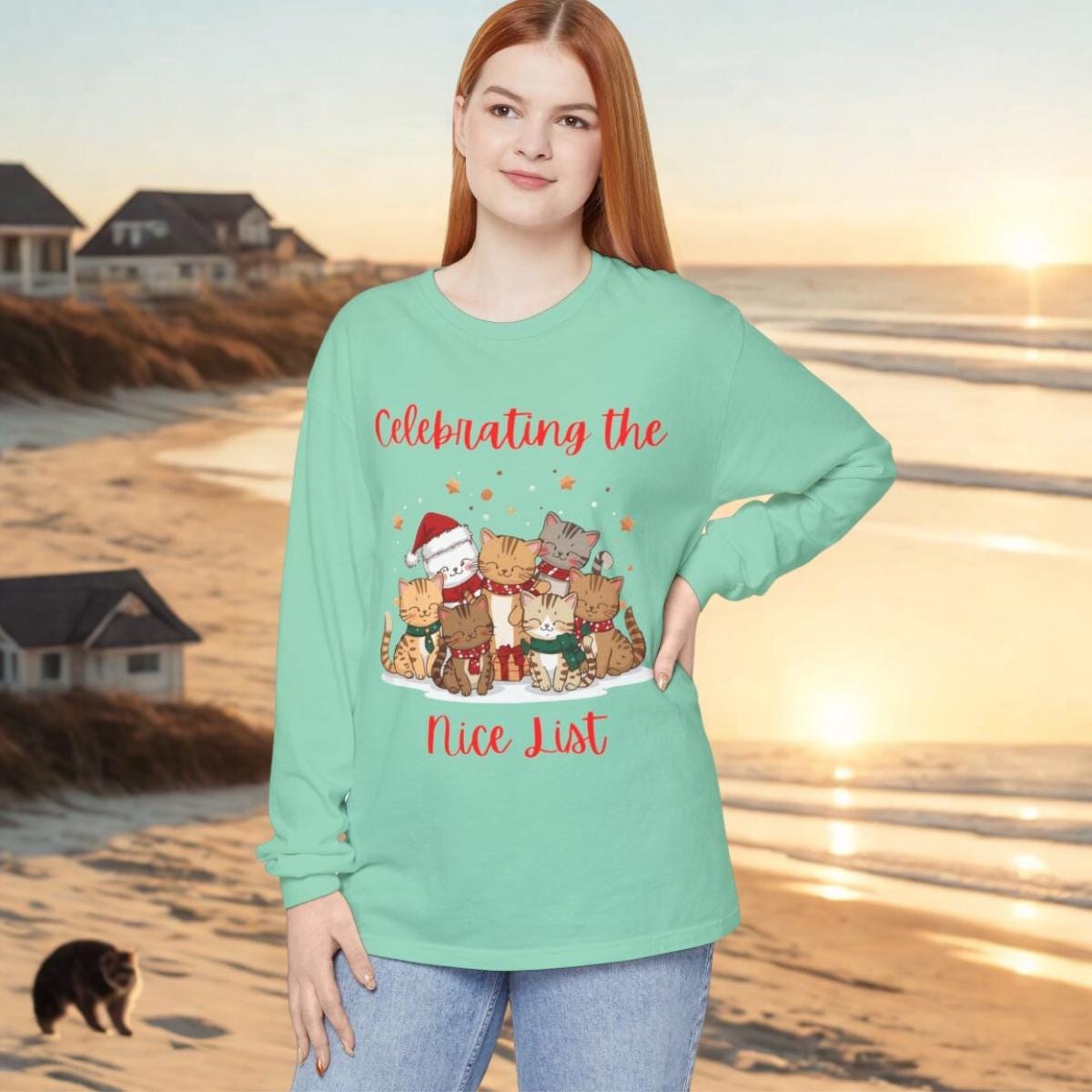 Celebrating the Nice List, Cat Lovers Long Sleeve T-Shirt, Unisex Cotton, image 9