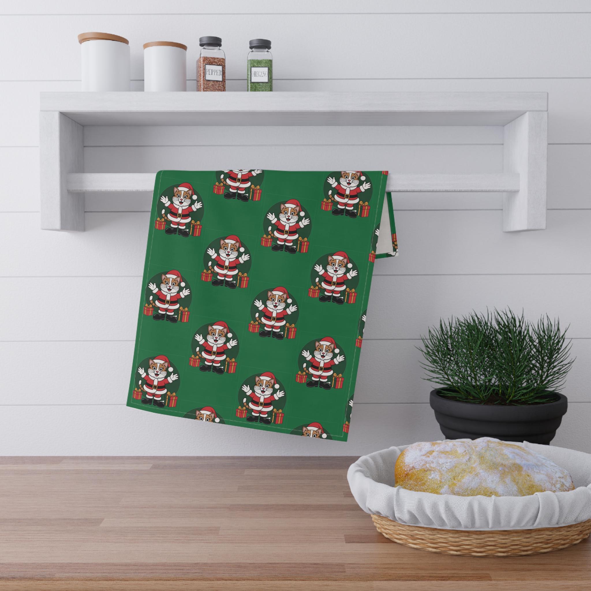 Santa Cat Tea Towels, Christmas Kitchen Decor, Festive Holiday Fun