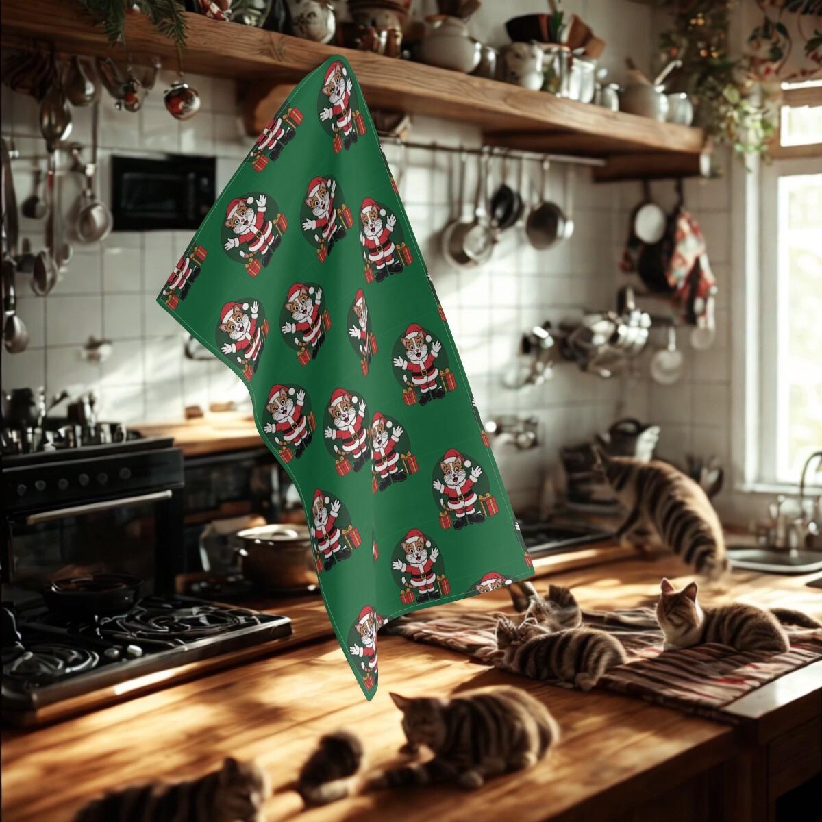 Santa Cat Tea Towels, Christmas Kitchen Decor, Festive Holiday Fun, image 8