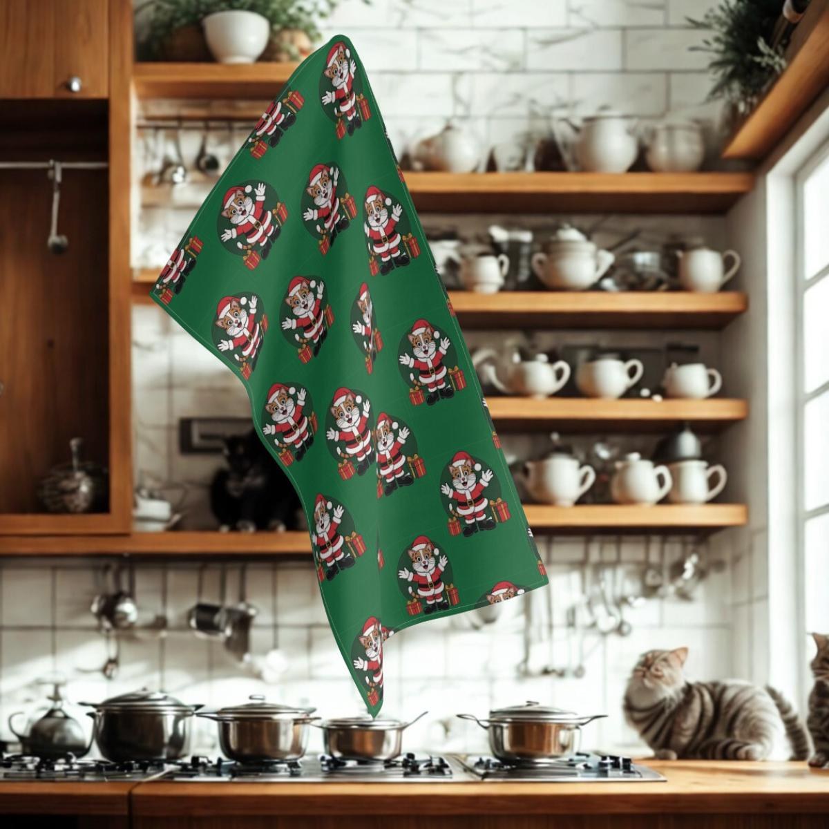 Santa Cat Tea Towels, Christmas Kitchen Decor, Festive Holiday Fun, image 9