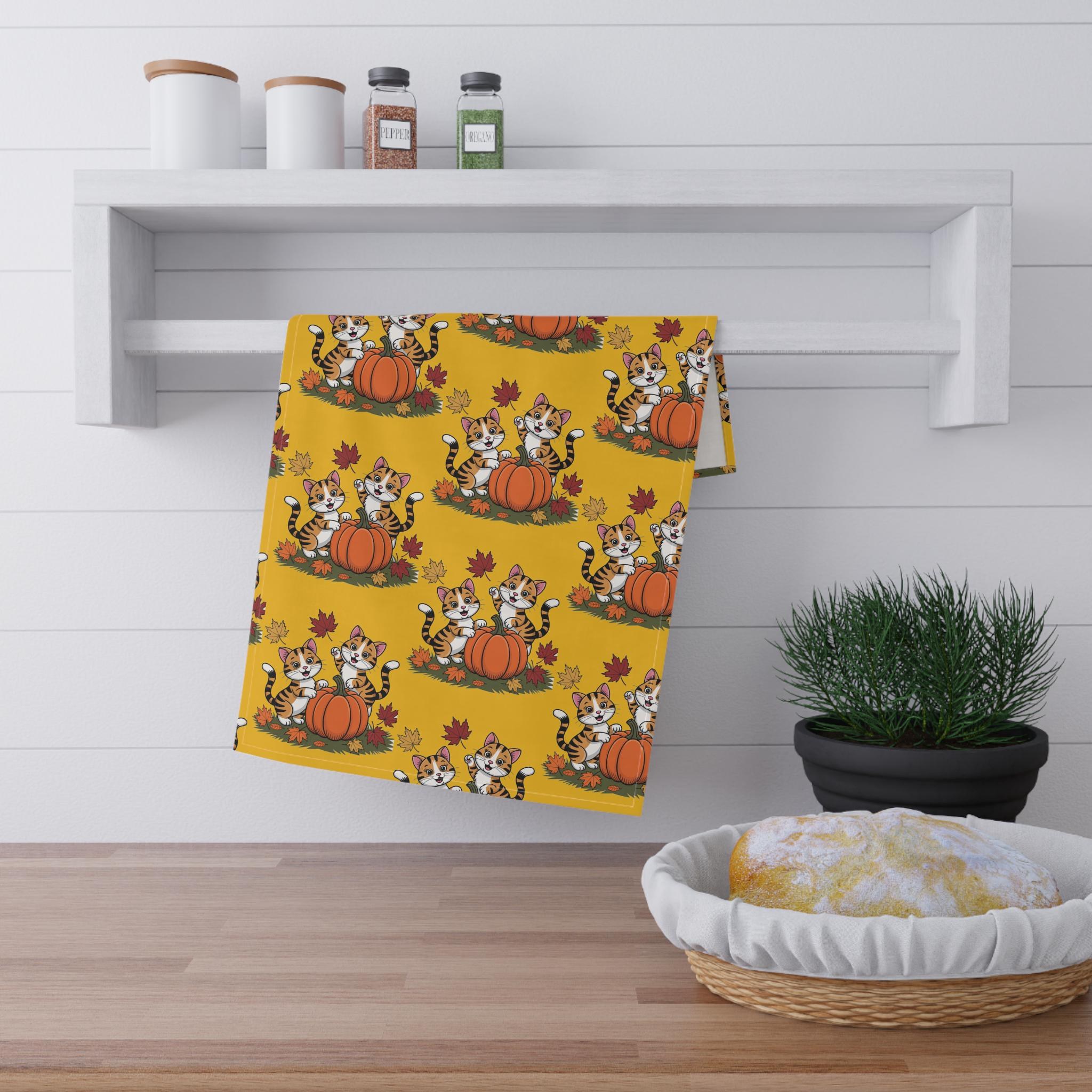 Autumn Themed Tea Towels with Playful Cats, Fall Kitchen Decor, Harvest Season