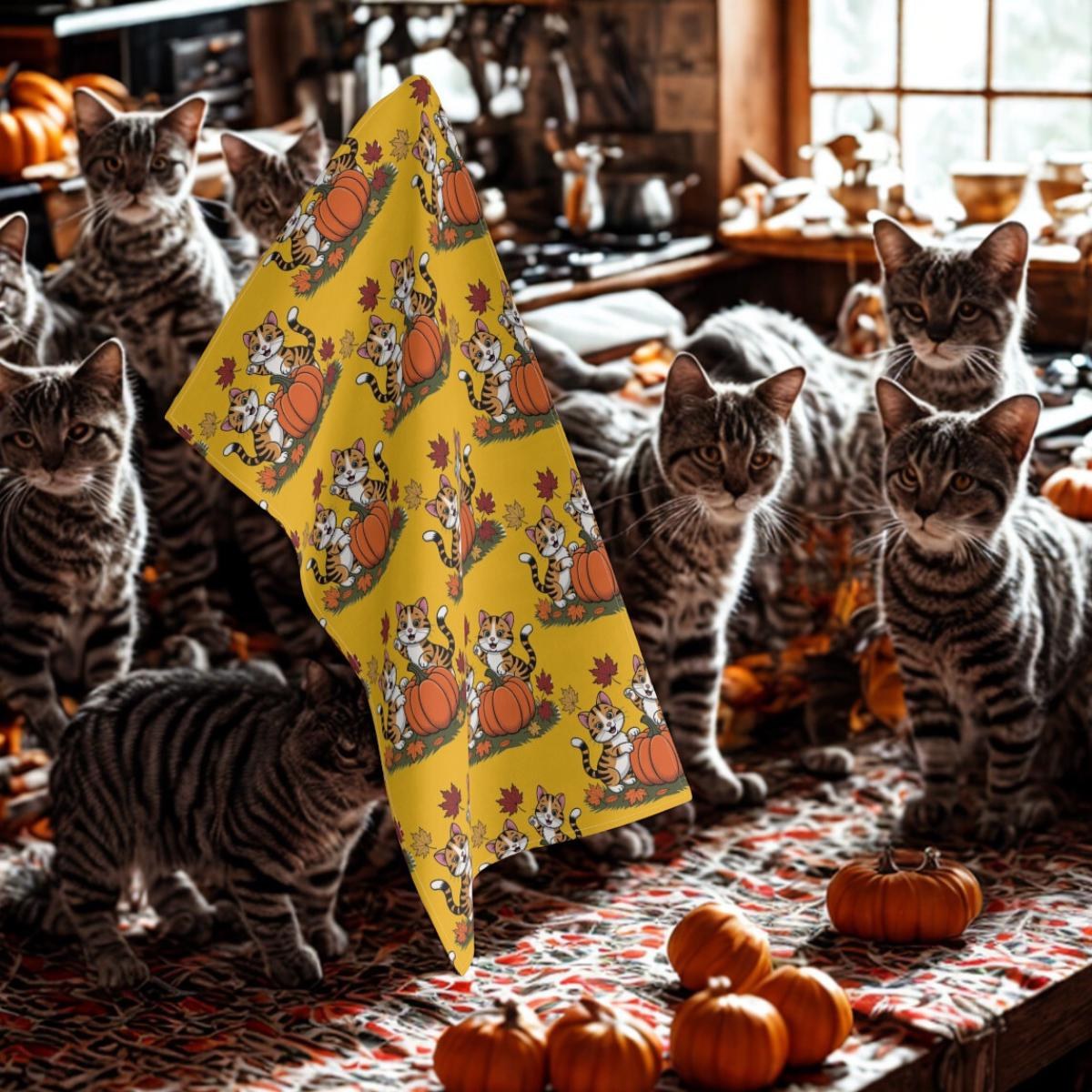 Autumn Themed Tea Towels with Playful Cats, Fall Kitchen Decor, Harvest Season, image 10