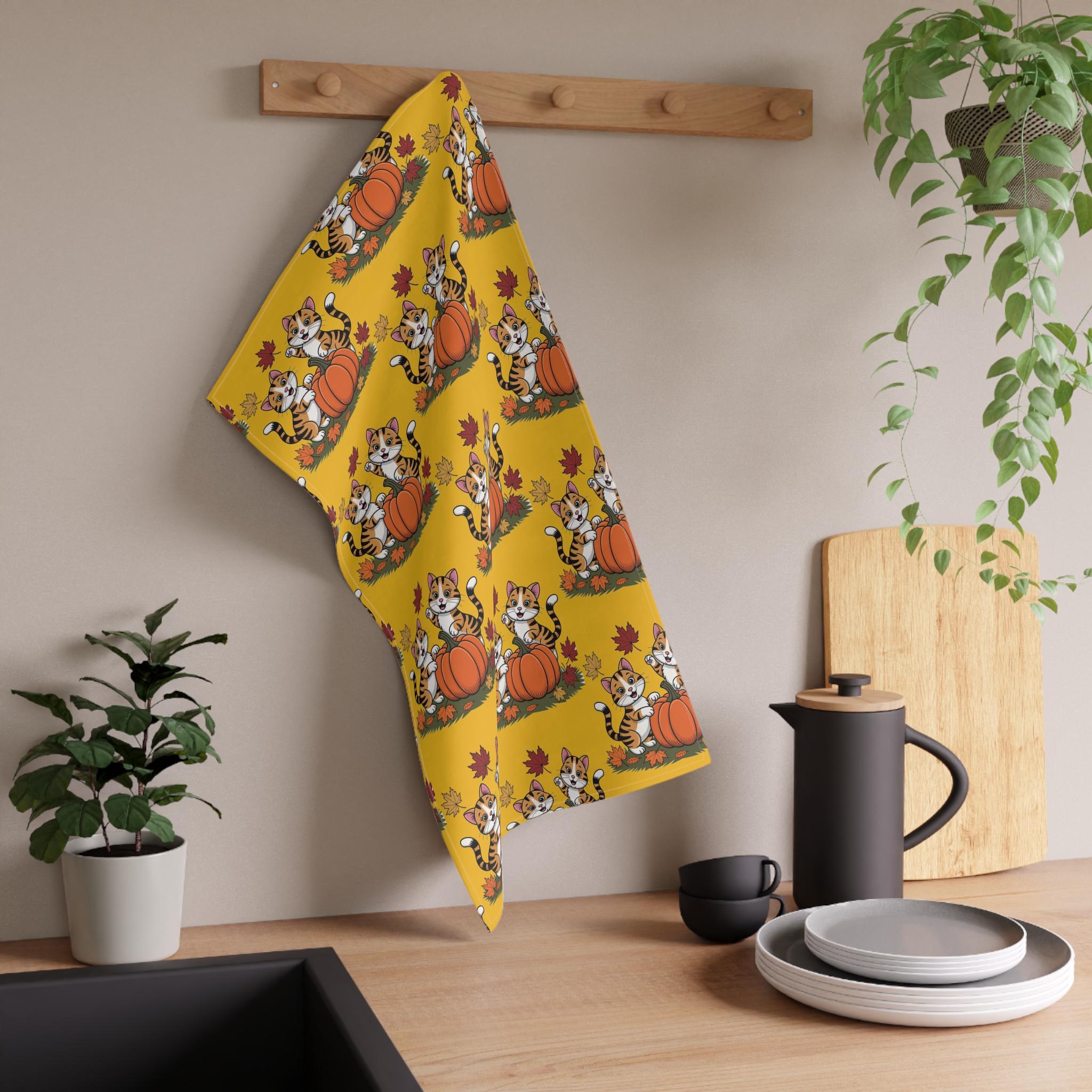 Autumn Themed Tea Towels with Playful Cats, Fall Kitchen Decor, Harvest Season, image 2