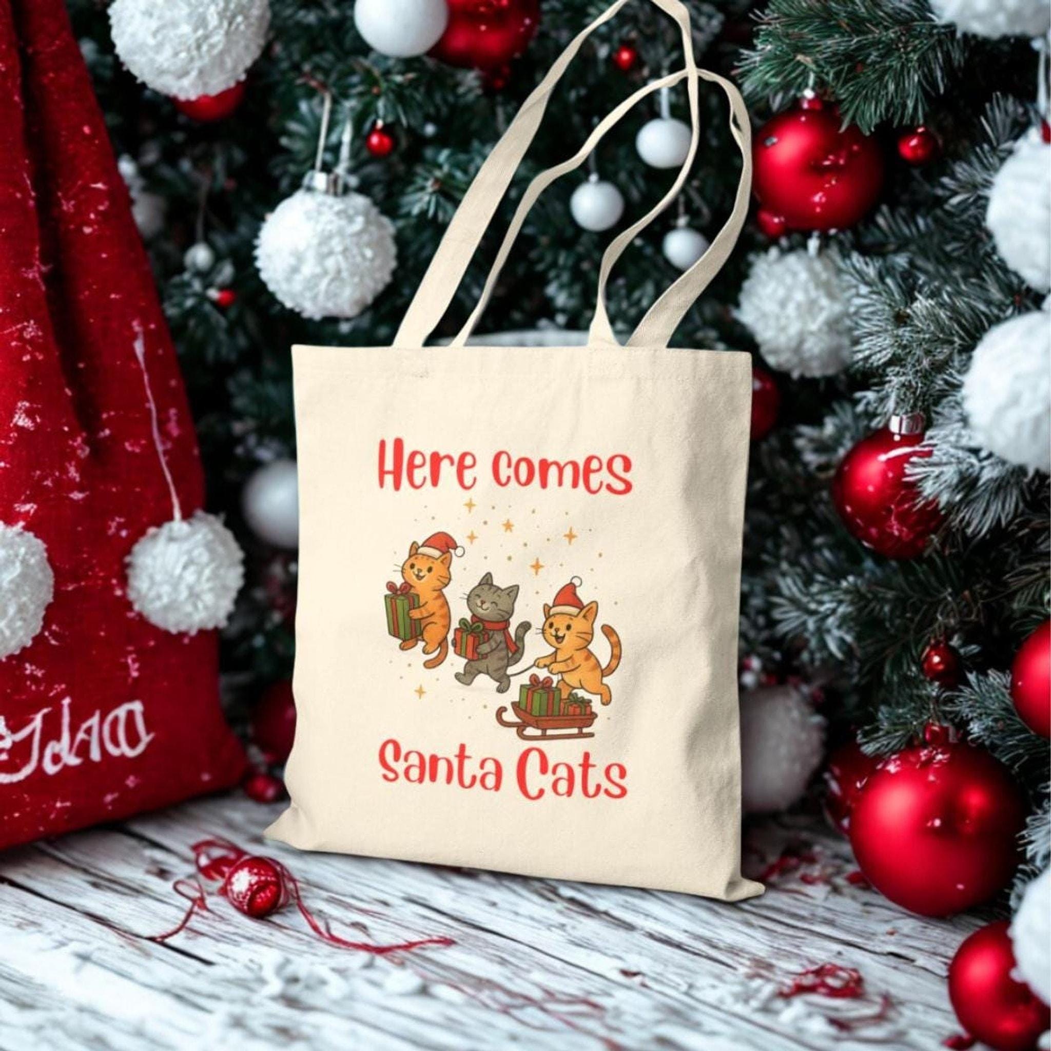 Christmas Tote Bag, 100% Cotton Canvas Santa Cats Design, 15x16 Inch