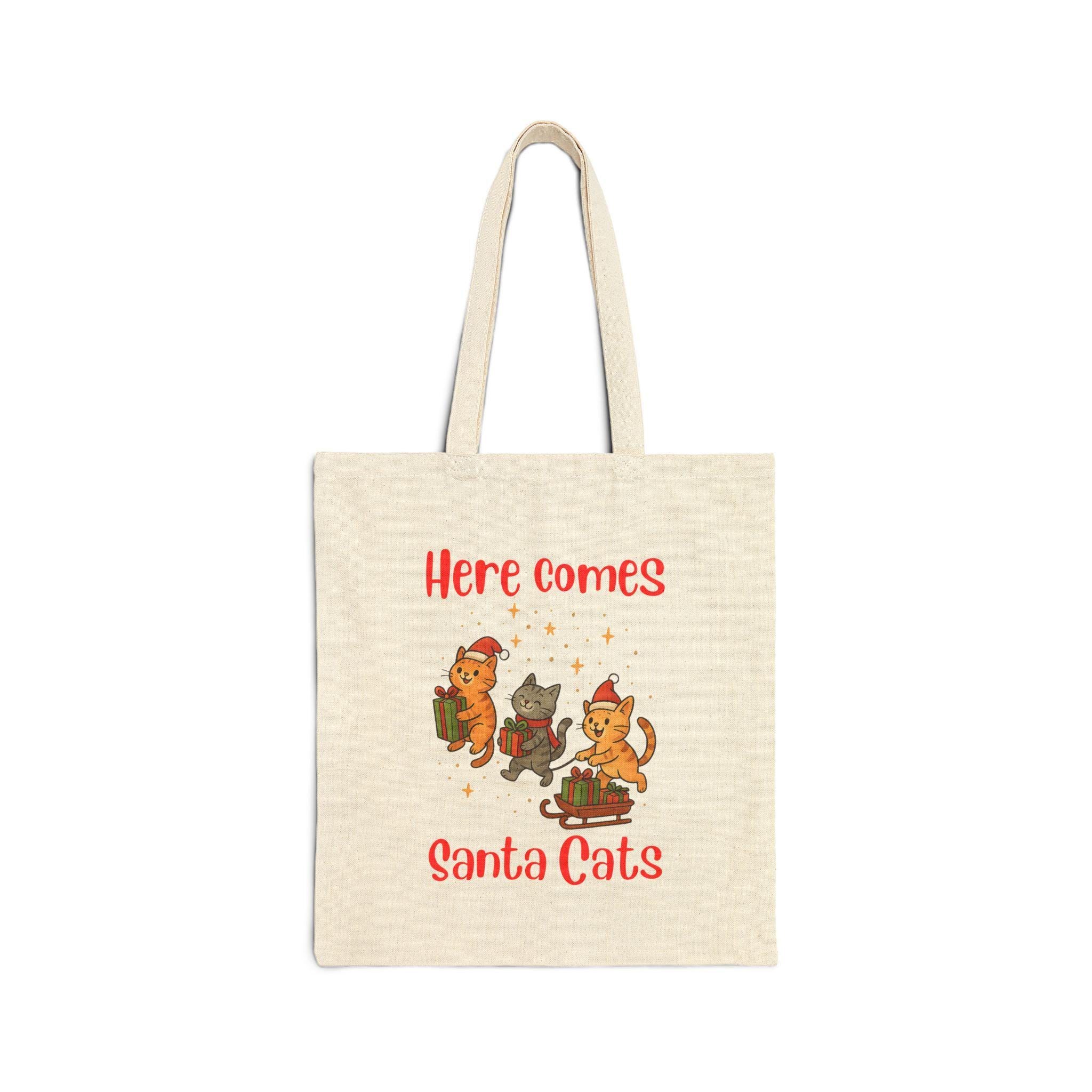 Christmas Tote Bag, 100% Cotton Canvas Santa Cats Design, 15x16 Inch, image 2