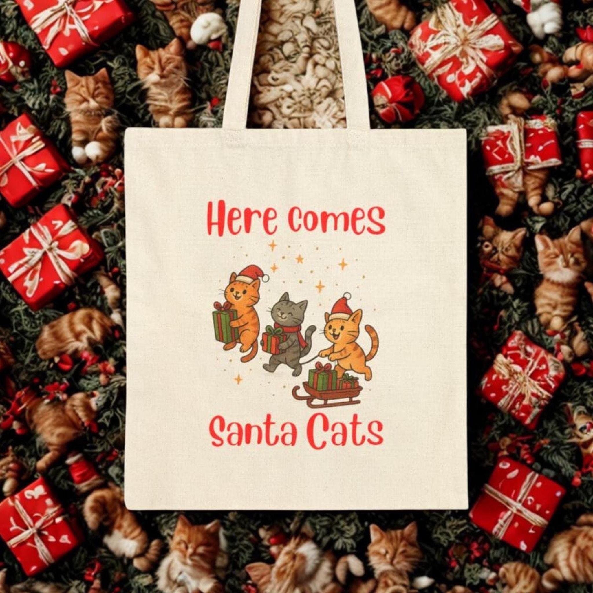 Christmas Tote Bag, 100% Cotton Canvas Santa Cats Design, 15x16 Inch, image 3