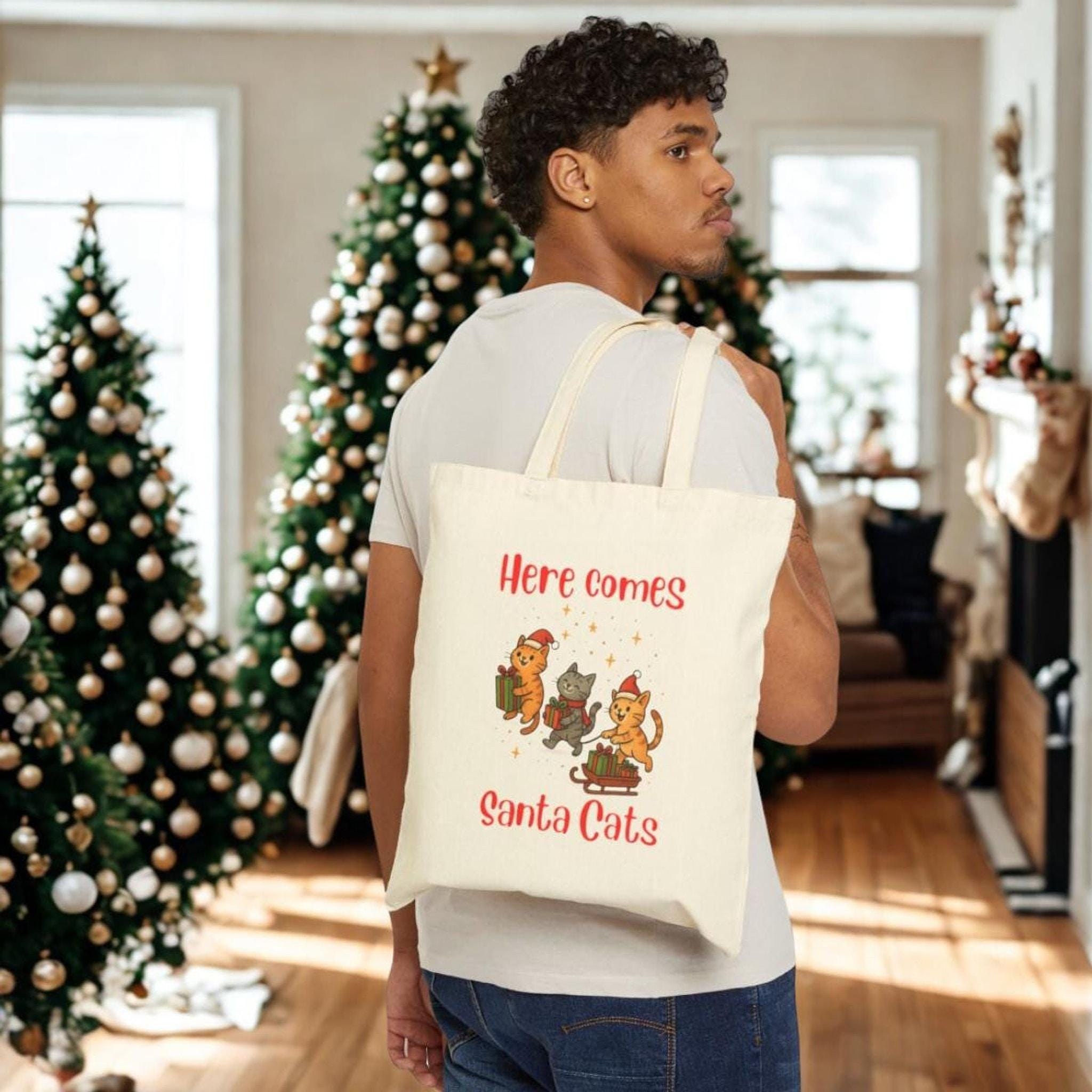 Christmas Tote Bag, 100% Cotton Canvas Santa Cats Design, 15x16 Inch, image 4