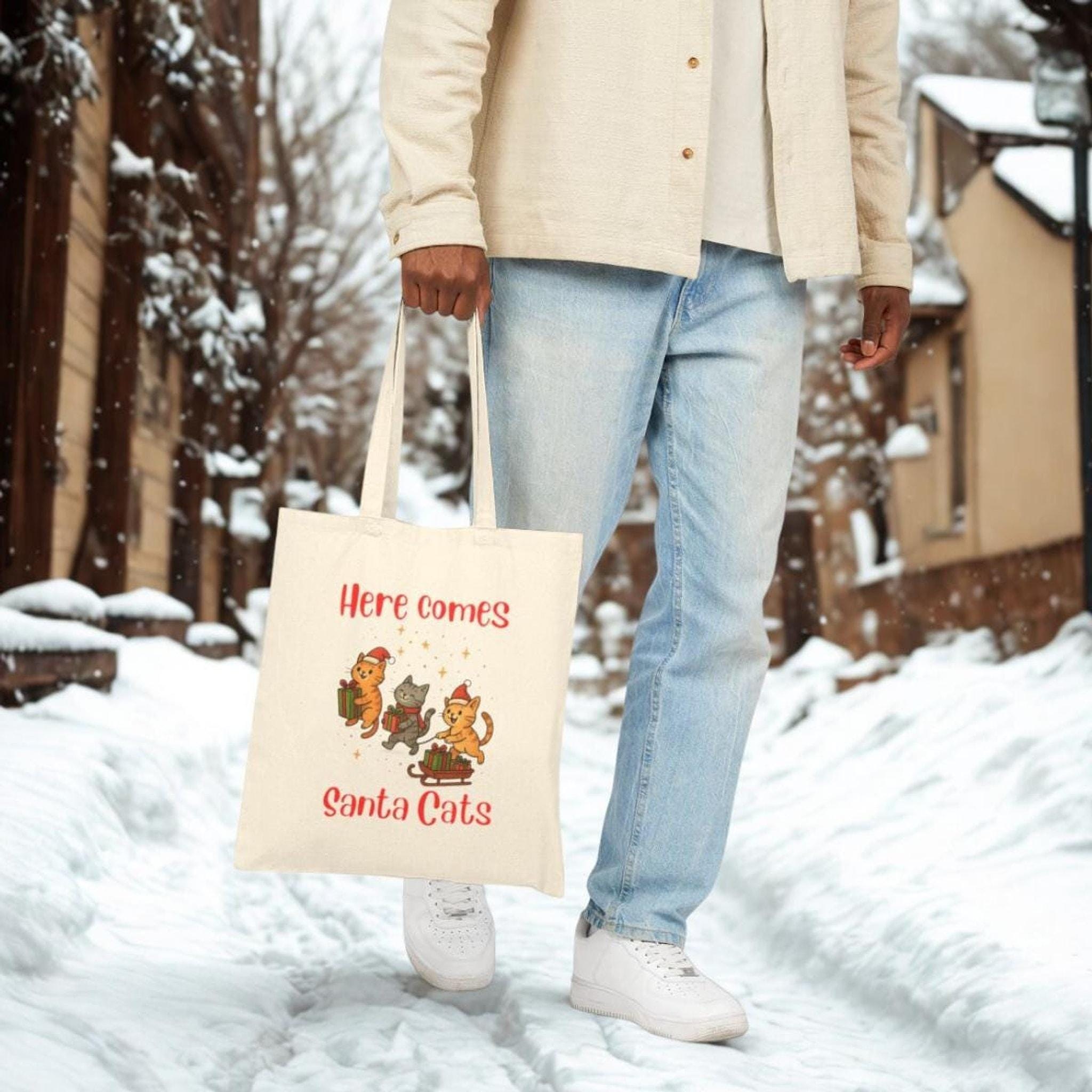 Christmas Tote Bag, 100% Cotton Canvas Santa Cats Design, 15x16 Inch, image 5