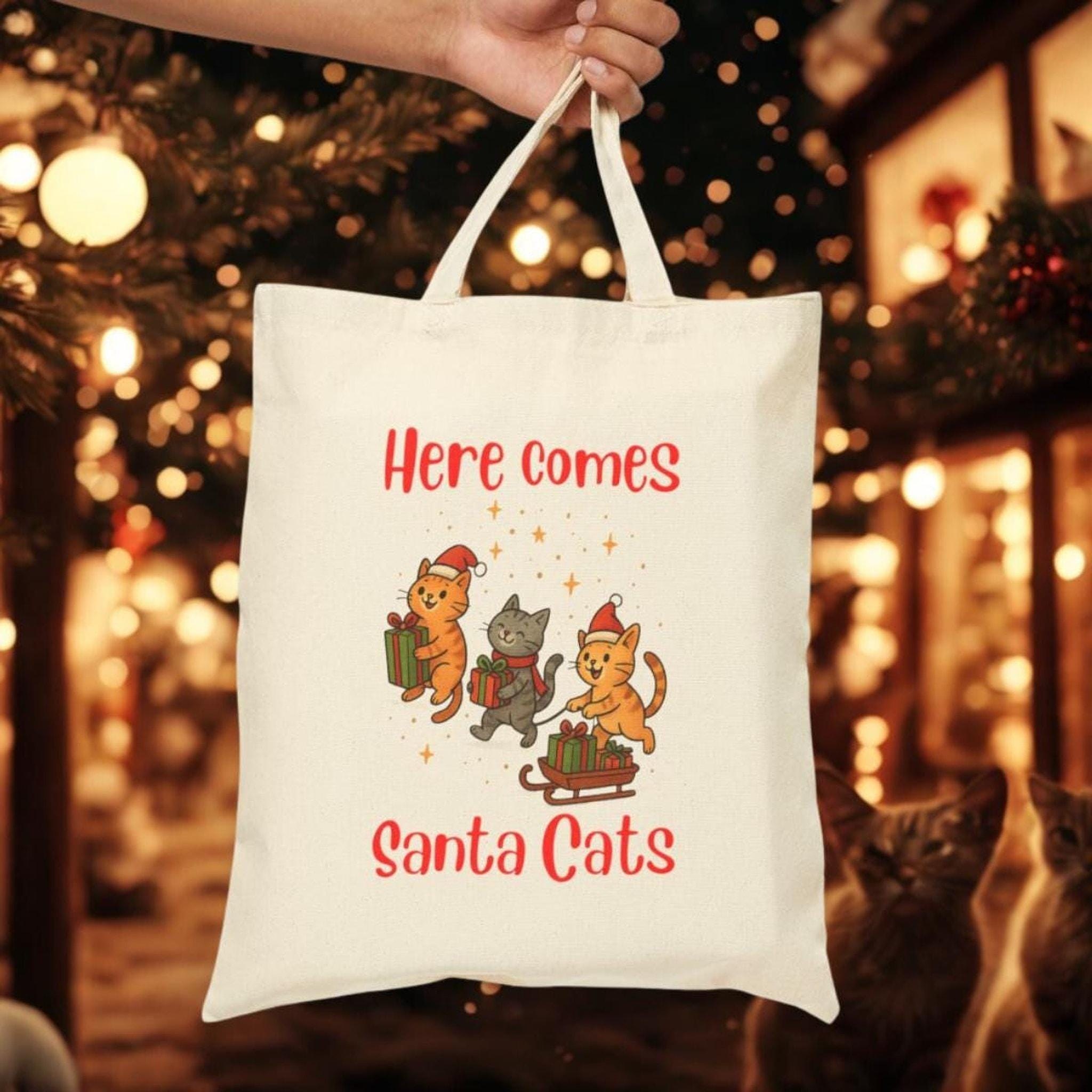 Christmas Tote Bag, 100% Cotton Canvas Santa Cats Design, 15x16 Inch, image 7