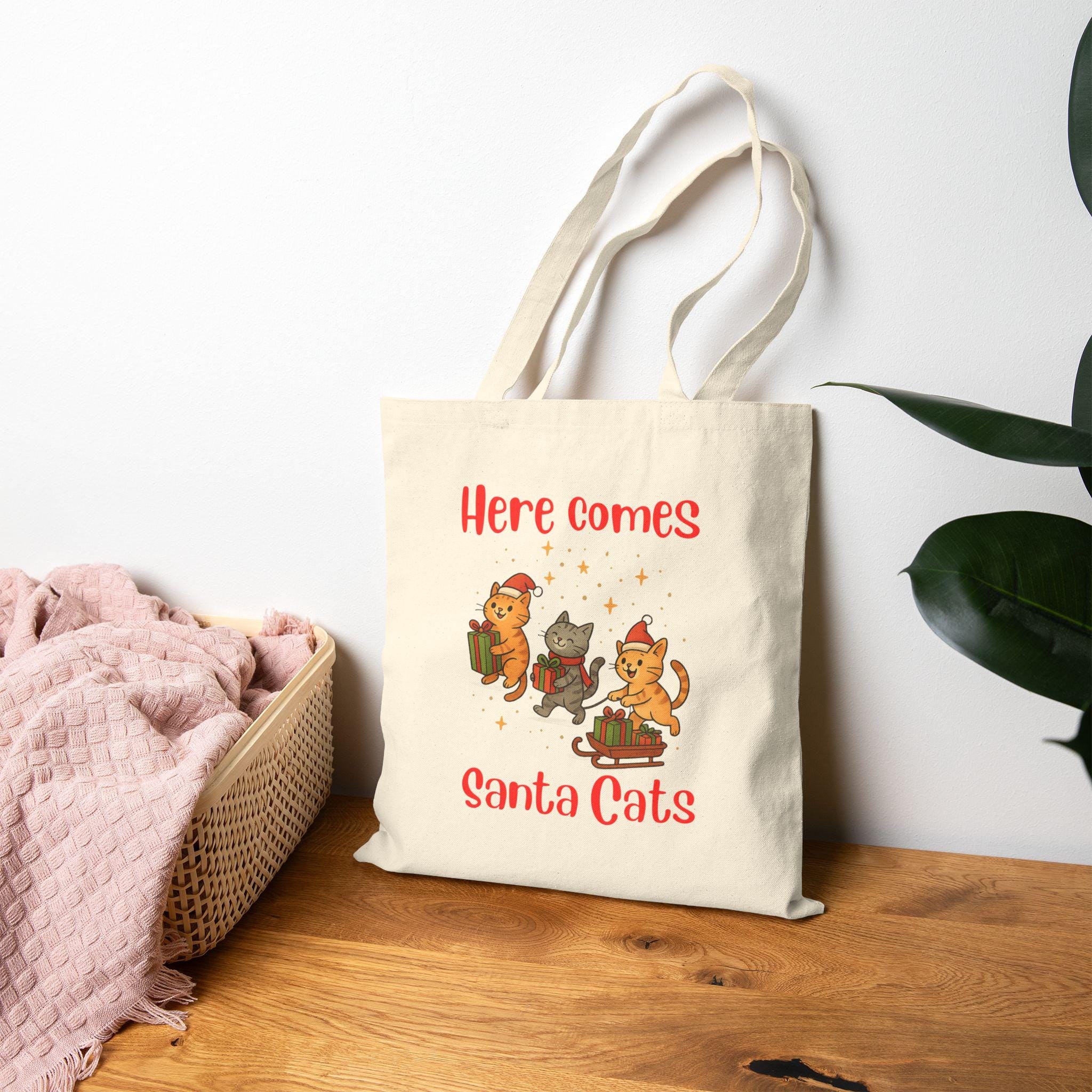Christmas Tote Bag, 100% Cotton Canvas Santa Cats Design, 15x16 Inch, image 9