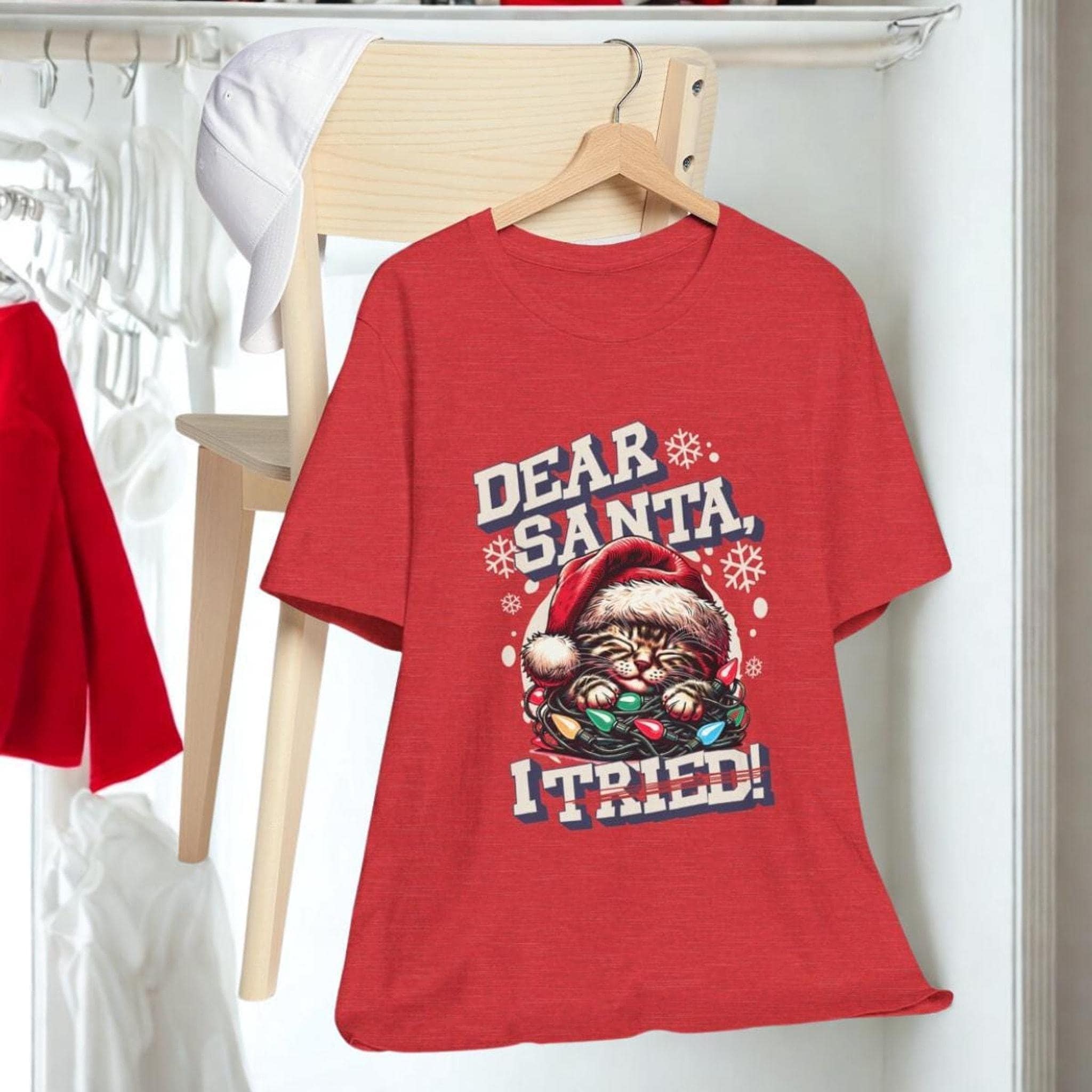 Funny Christmas Cat Unisex Tee, Red Airlume Cotton Short Sleeve Shirt