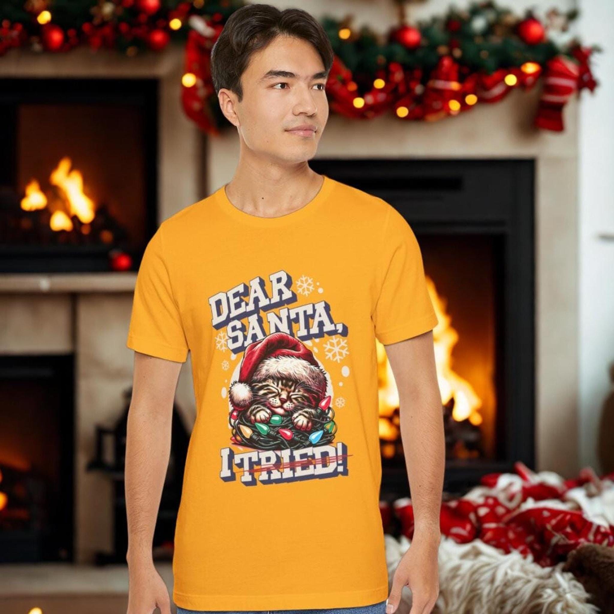Funny Christmas Cat Unisex Tee, Red Airlume Cotton Short Sleeve Shirt, image 4