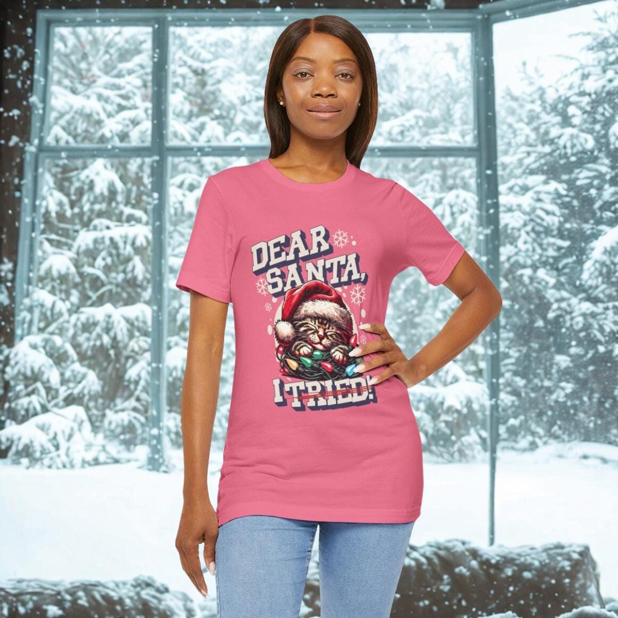 Funny Christmas Cat Unisex Tee, Red Airlume Cotton Short Sleeve Shirt, image 8