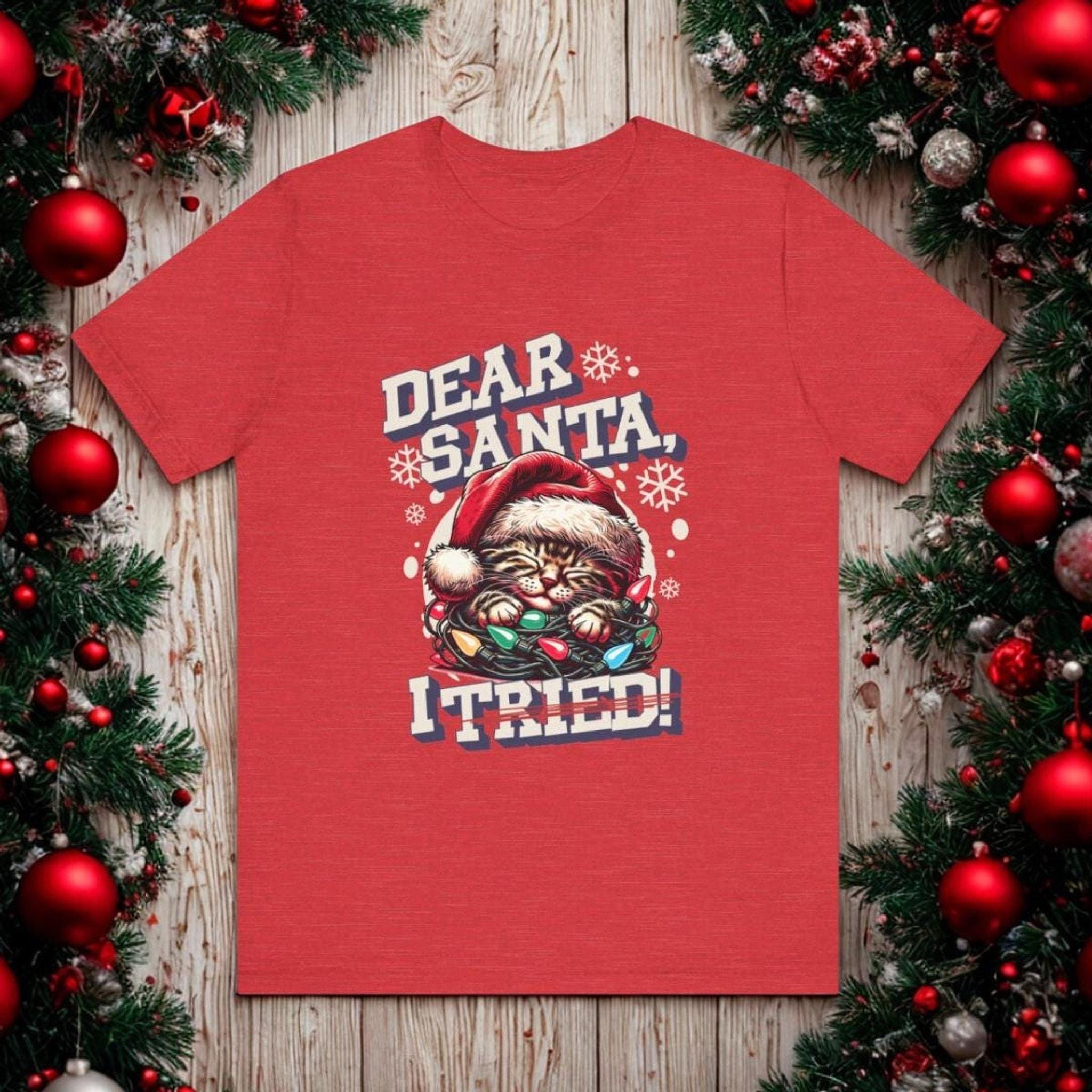 Funny Christmas Cat Unisex Tee, Red Airlume Cotton Short Sleeve Shirt, image 9