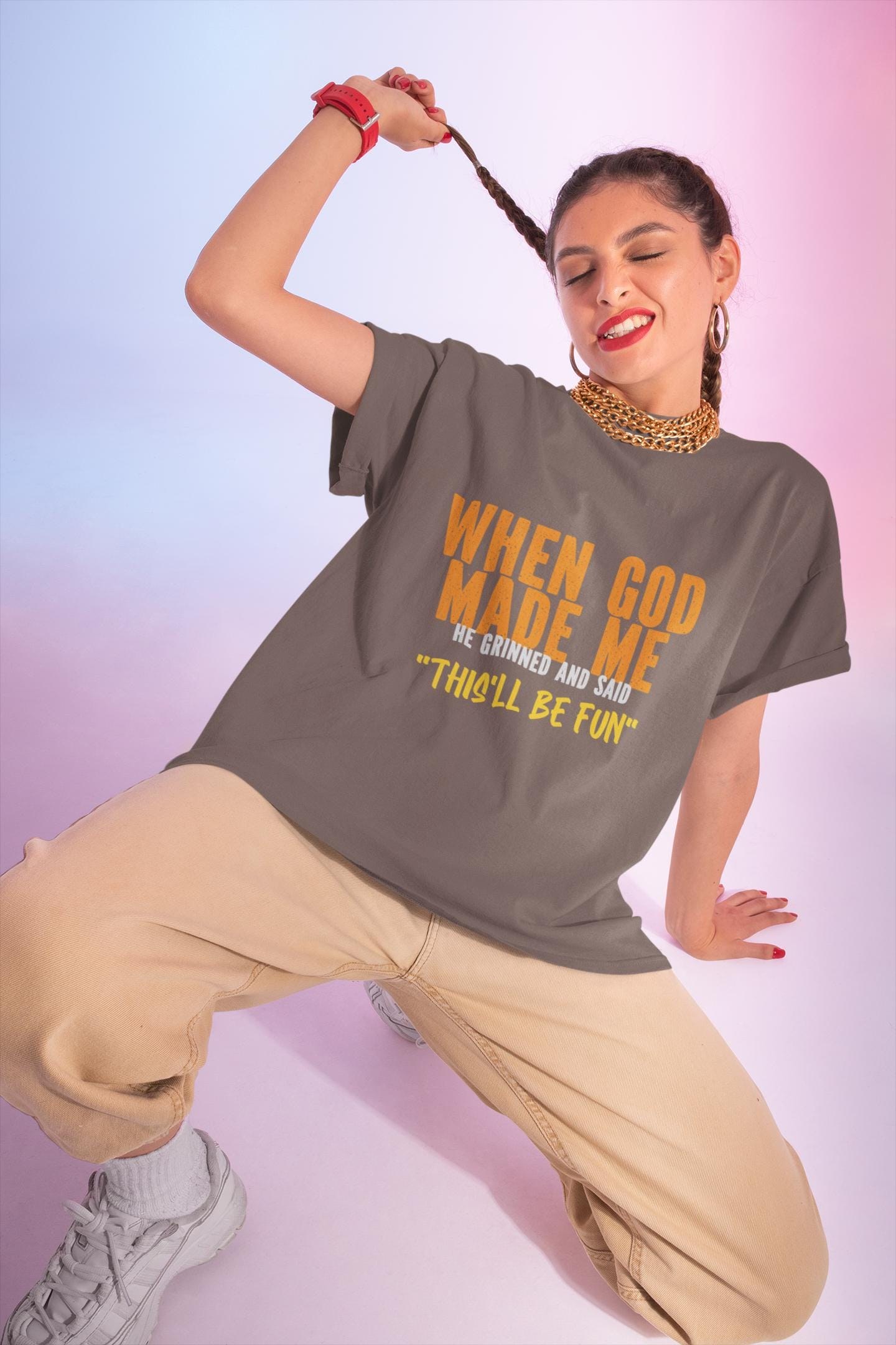 Christian Graphic Tee - When God Made Me, This'll Be Fun, image 4