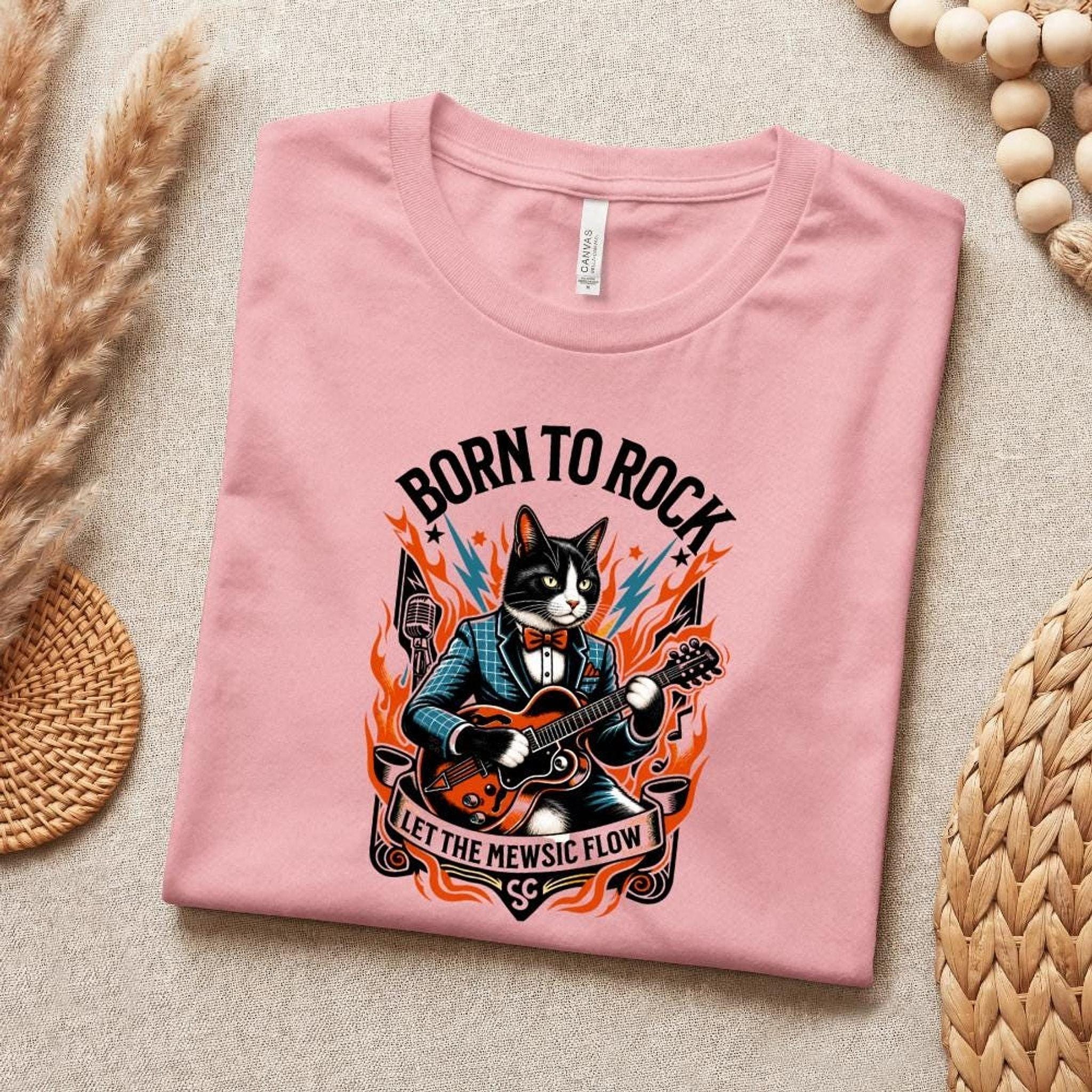 Born to Rock Cat T-Shirt, 100% Cotton Guitar Graphic Tee