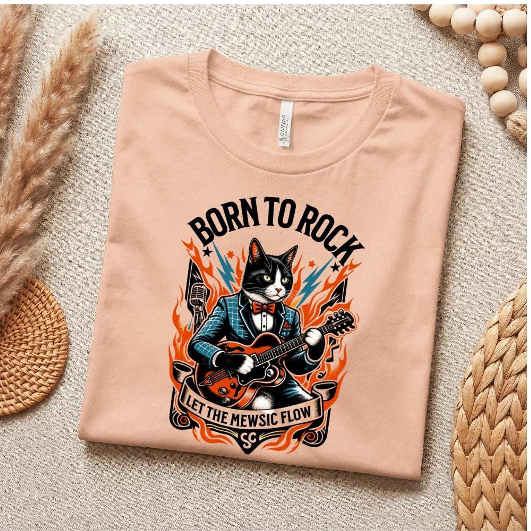 Born to Rock Cat T-Shirt, 100% Cotton Guitar Graphic Tee, image 8