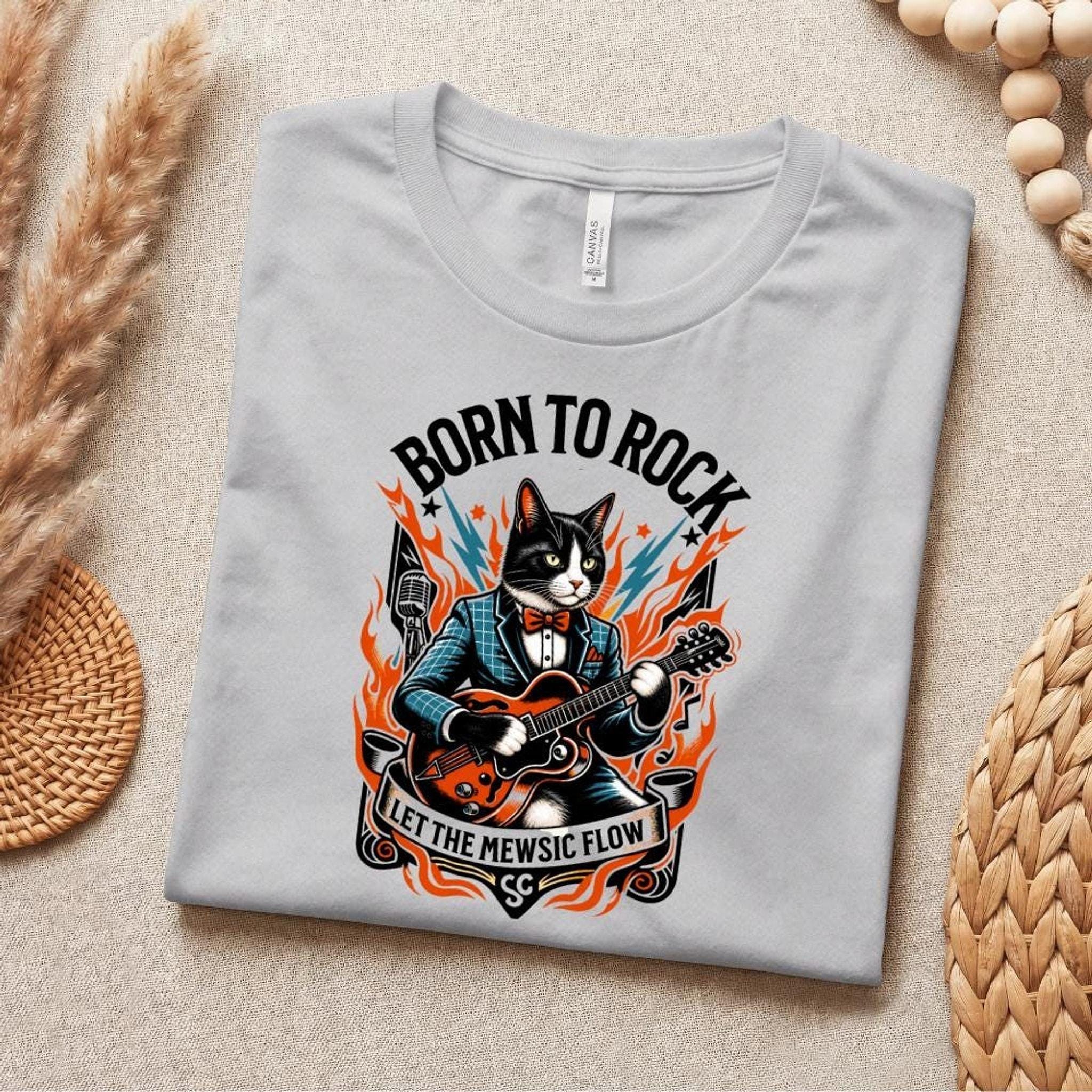 Born to Rock Cat T-Shirt, 100% Cotton Guitar Graphic Tee, image 9