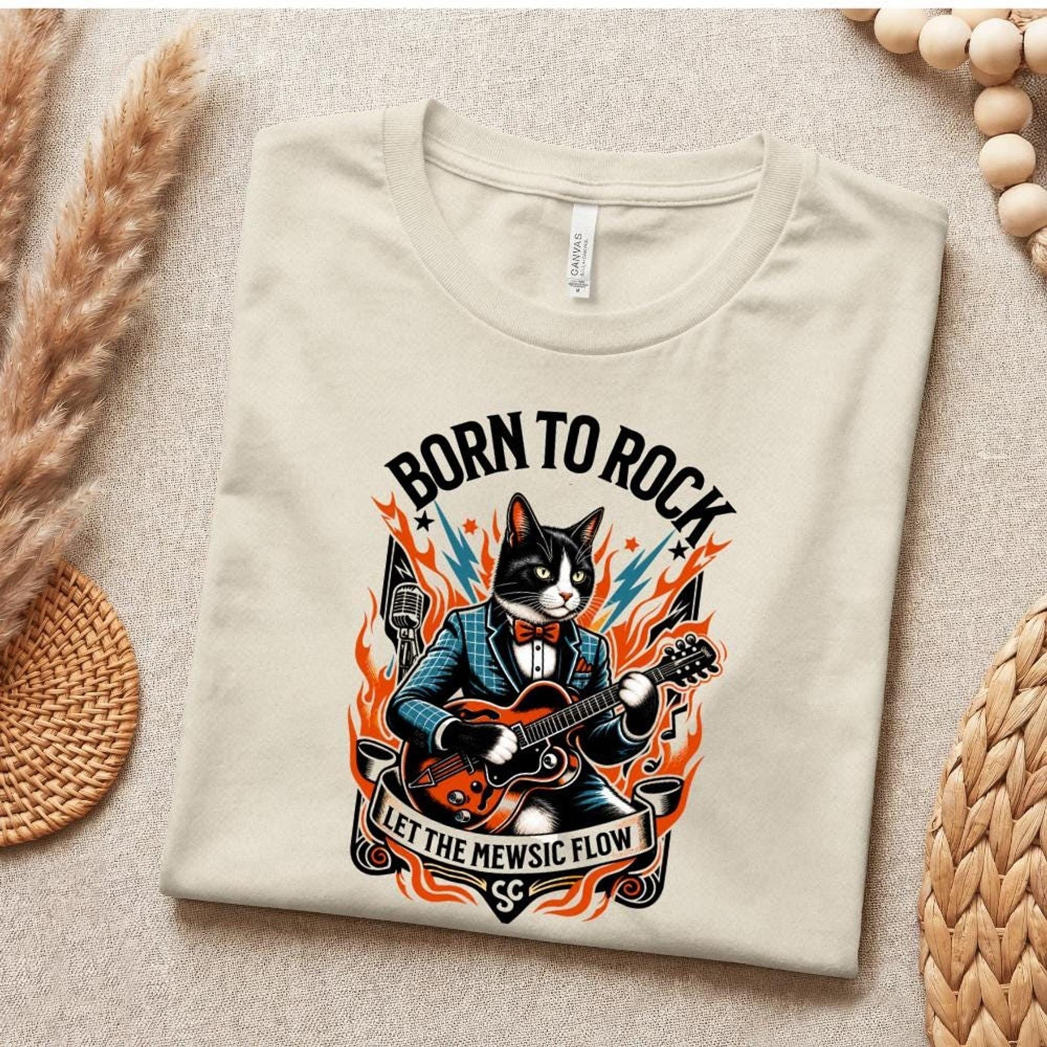 Born to Rock Cat T-Shirt, 100% Cotton Guitar Graphic Tee, image 10