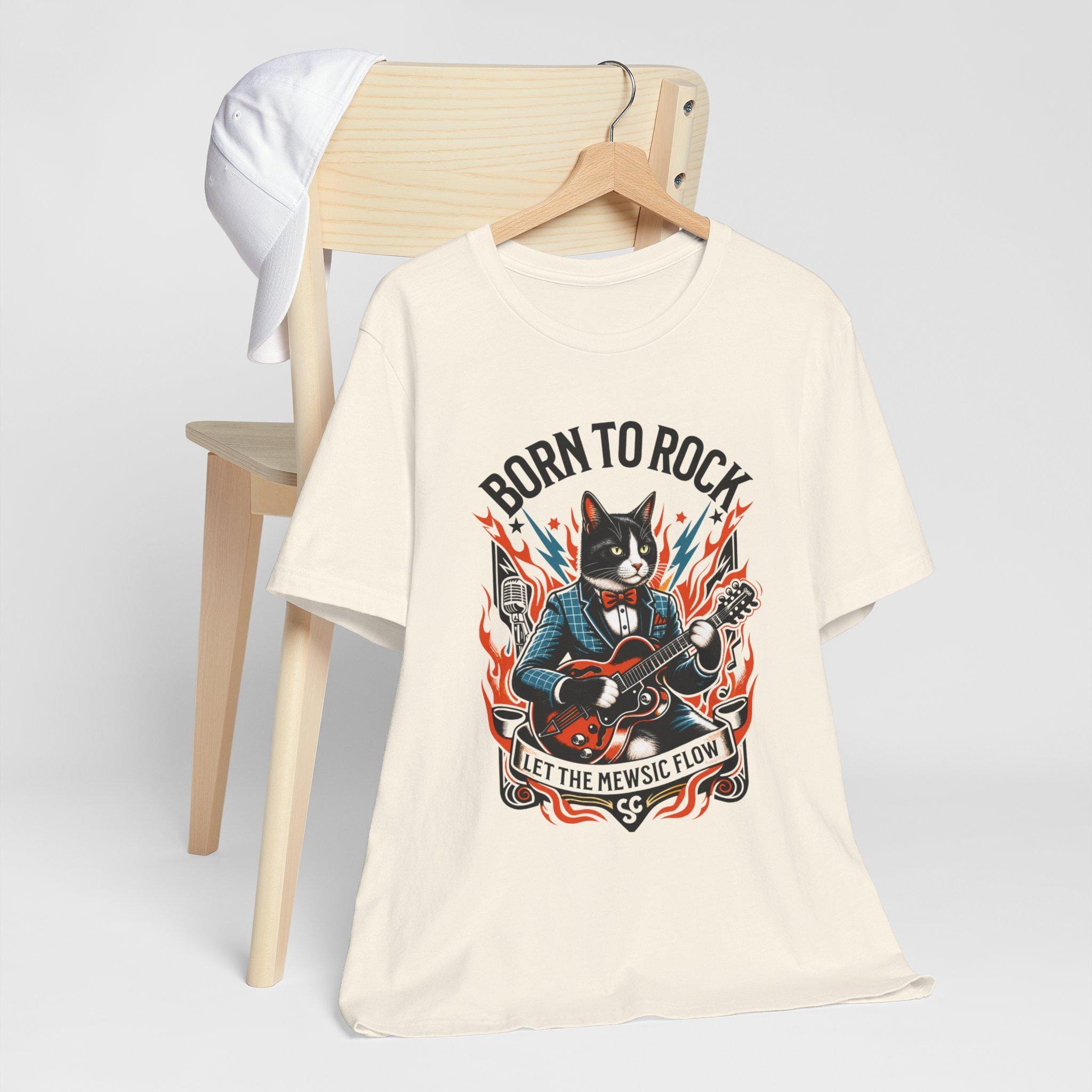 Born to Rock Cat T-Shirt, 100% Cotton Guitar Graphic Tee, image 11