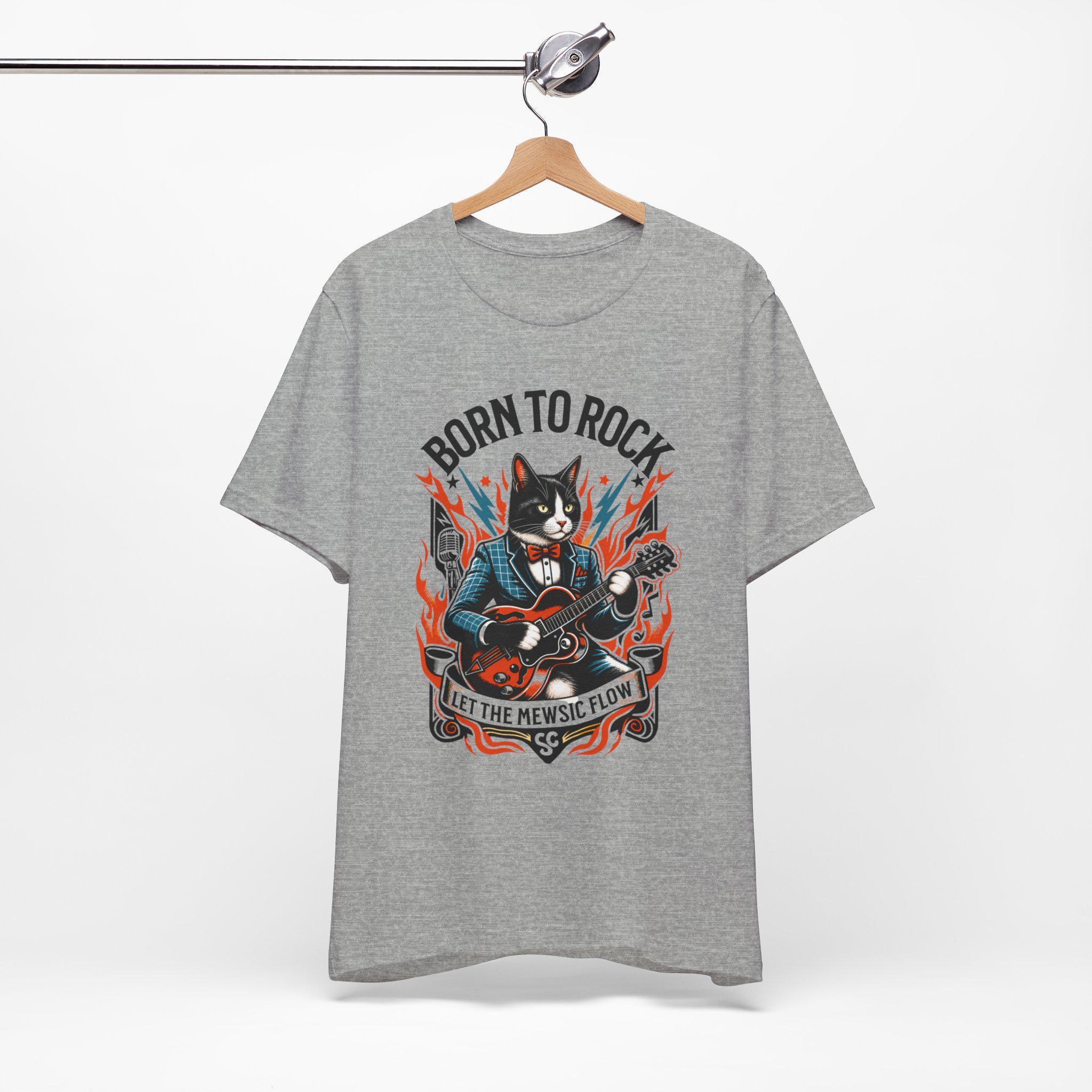 Born to Rock Cat T-Shirt, 100% Cotton Guitar Graphic Tee, image 12