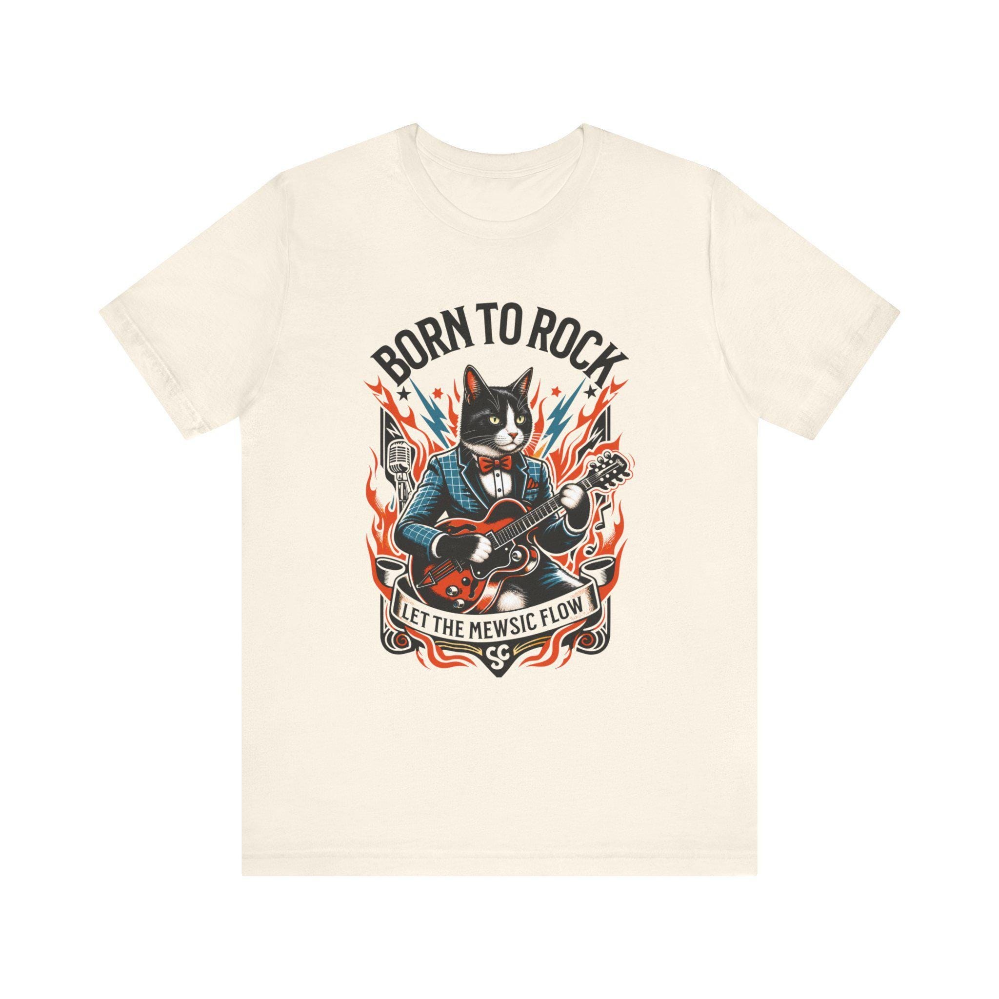 Born to Rock Cat T-Shirt, 100% Cotton Guitar Graphic Tee, image 2