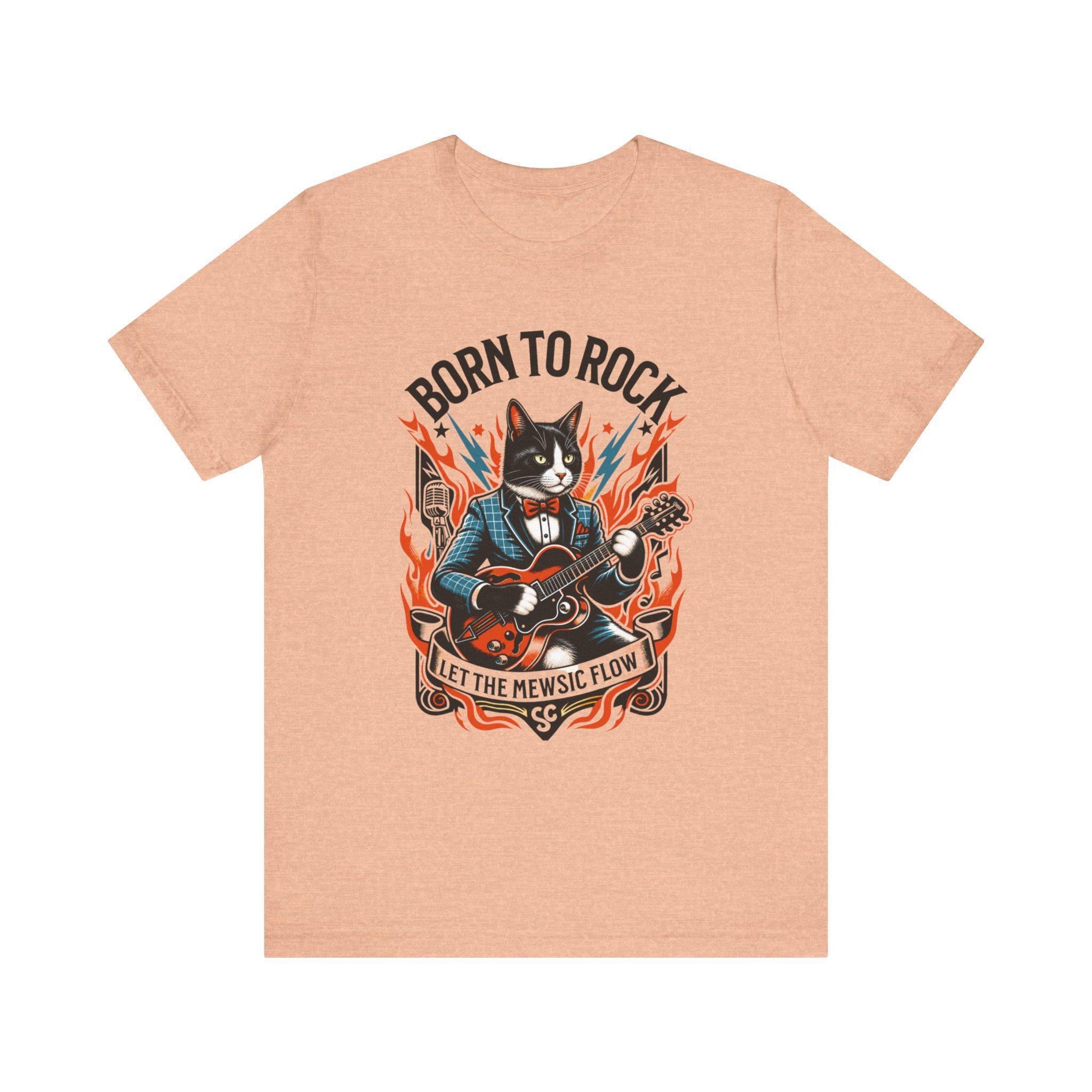 Born to Rock Cat T-Shirt, 100% Cotton Guitar Graphic Tee, image 3