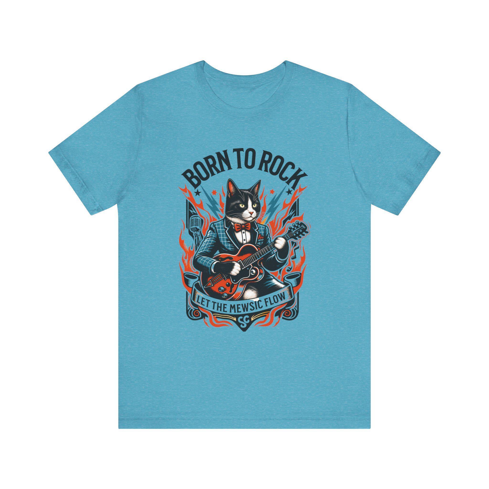 Born to Rock Cat T-Shirt, 100% Cotton Guitar Graphic Tee, image 4