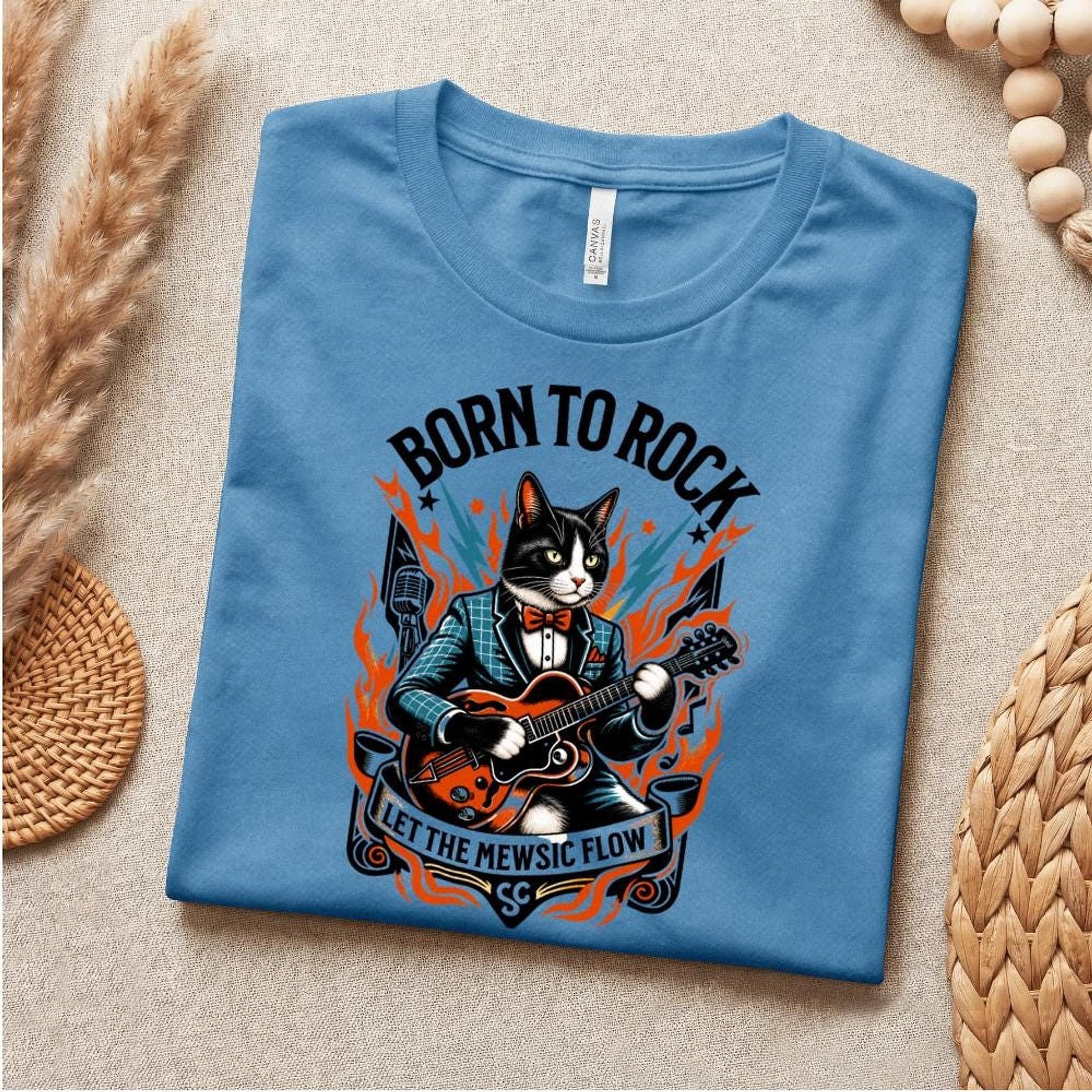 Born to Rock Cat T-Shirt, 100% Cotton Guitar Graphic Tee, image 6