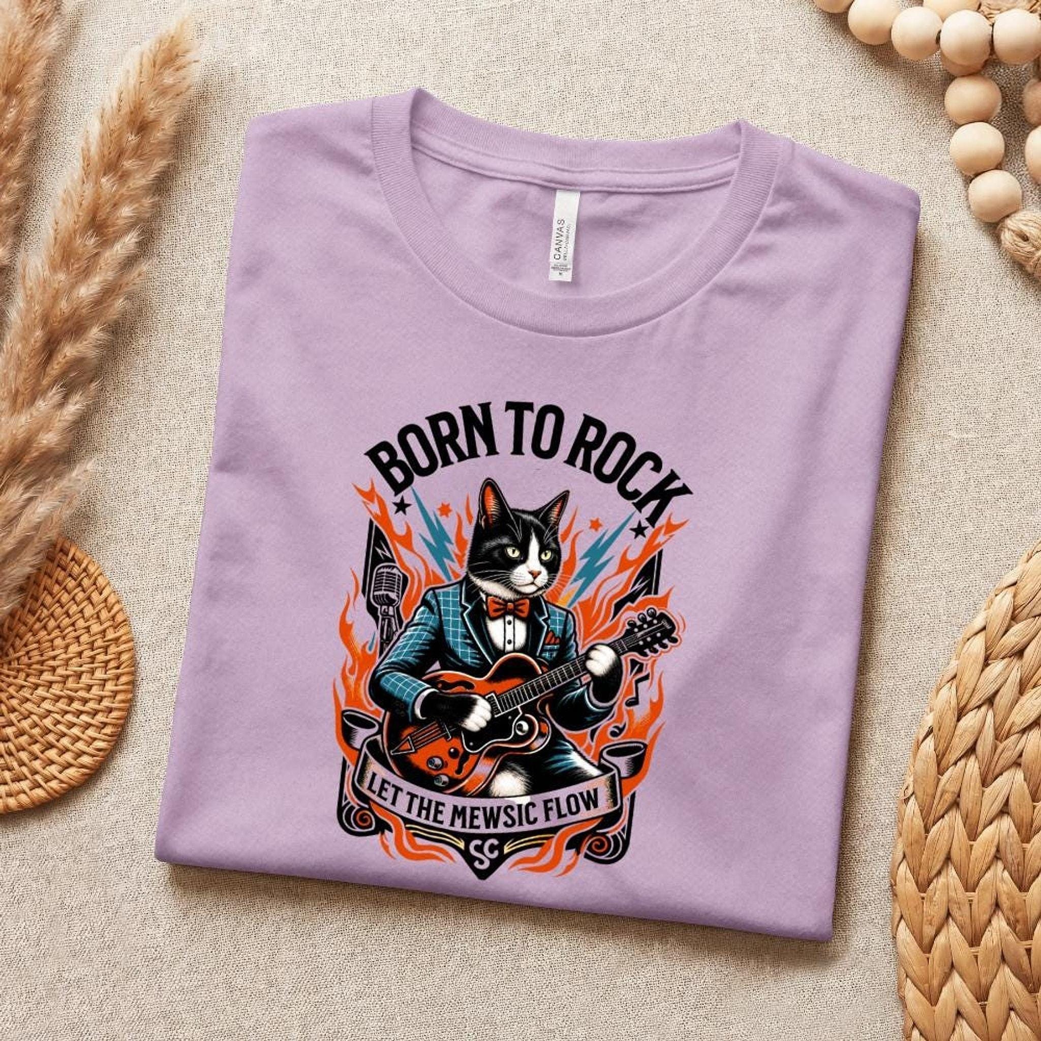 Born to Rock Cat T-Shirt, 100% Cotton Guitar Graphic Tee, image 7