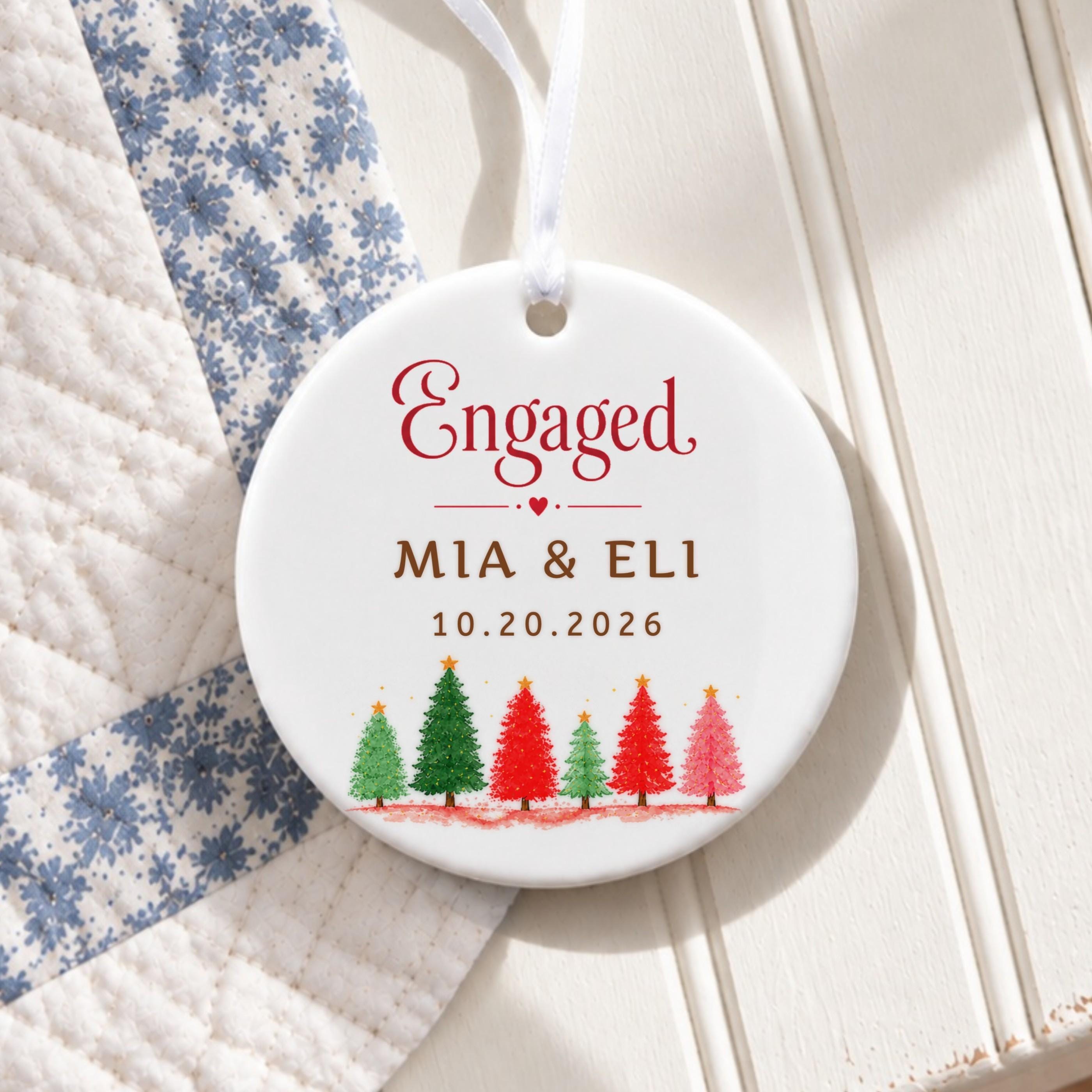 Engagement Ornament, Personalized Ceramic Keepsake with Custom Names