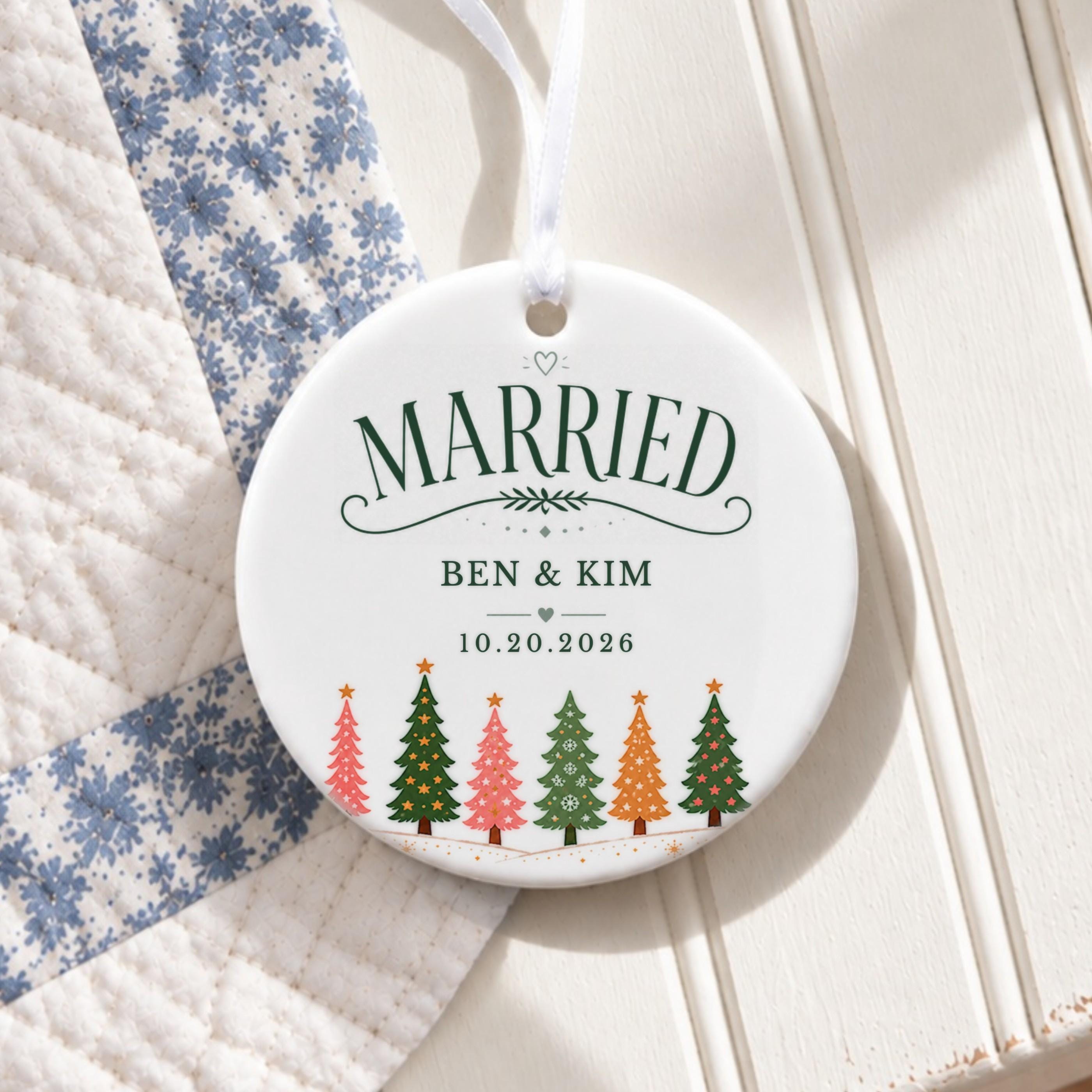 Married Ornament, Personalized Ceramic Christmas Keepsake with Names