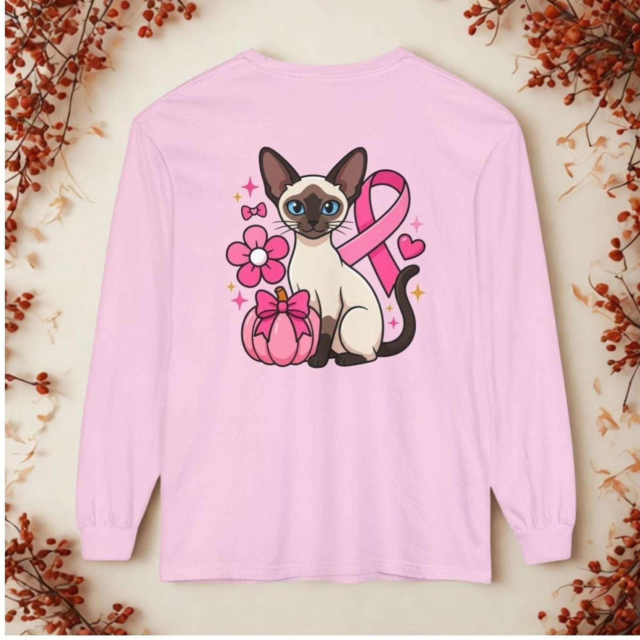Siamese Cat Shirt, 100% Cotton Long Sleeve with Pink Ribbon